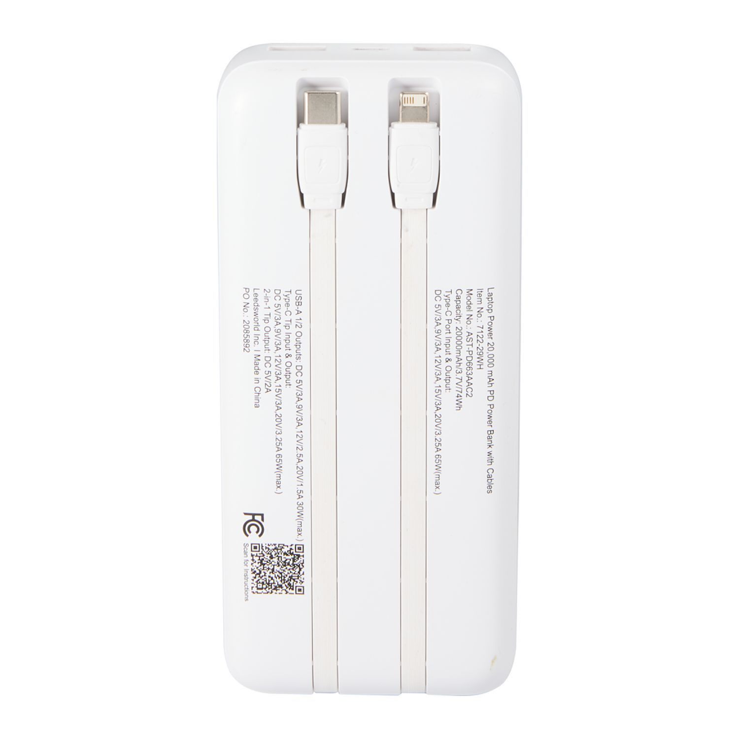Laptop Power 20,000 mAh PD Power Bank with Integrated Cables Product Image