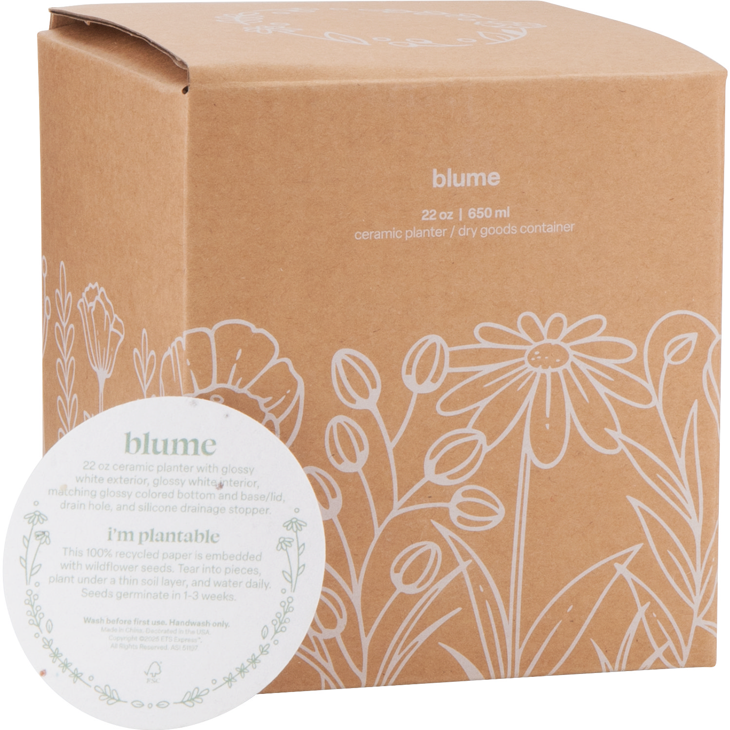 Blume Ceramic Planter with Wildflower Seed Paper - 22 oz. Product Image