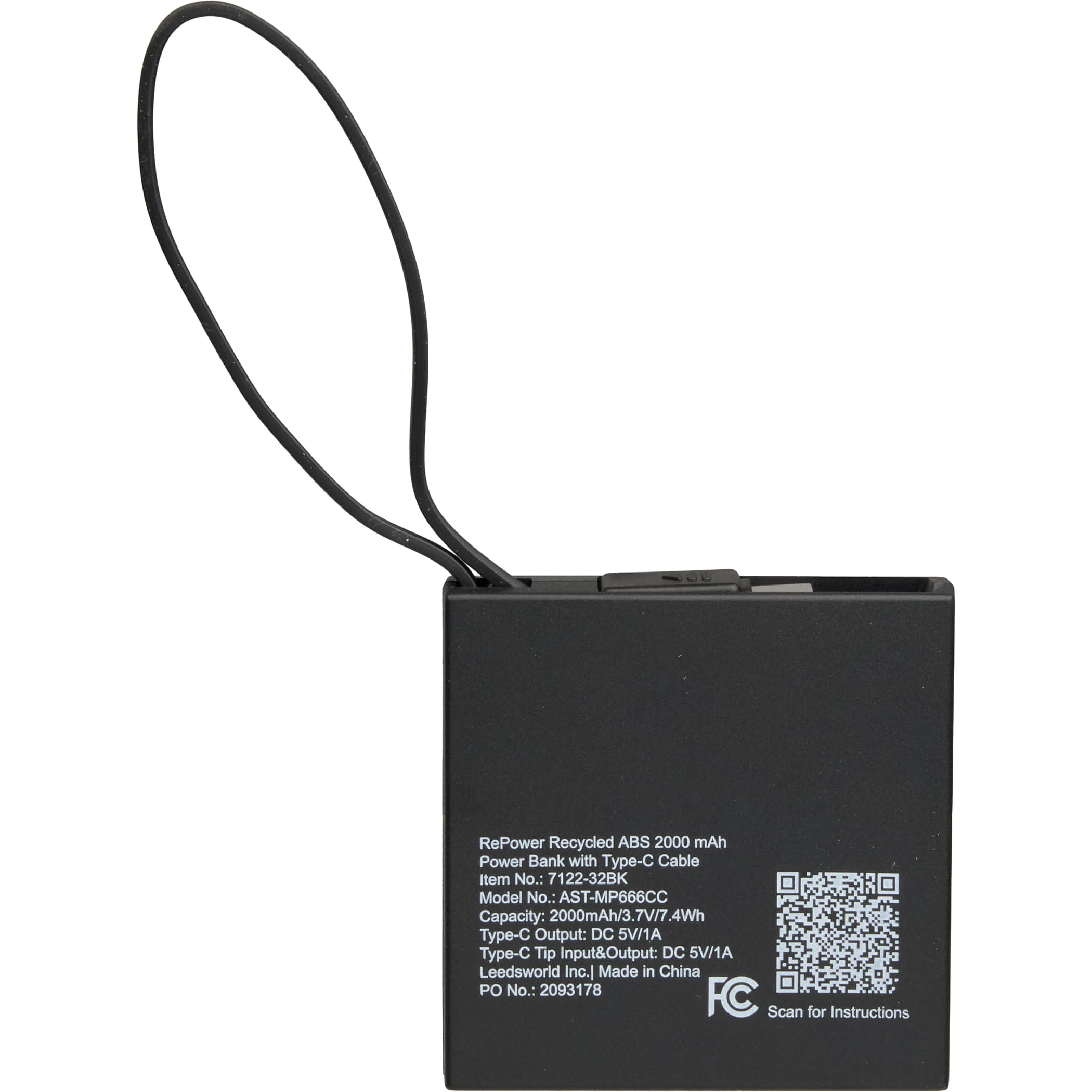Recycled 2,000 mAh Power Bank with Type-C Cable Product Image