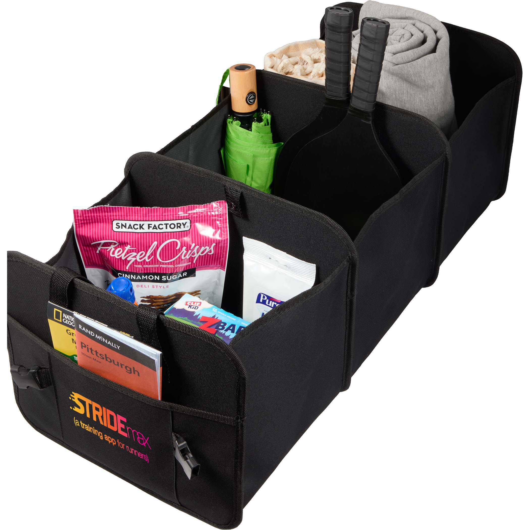 Black recycled 600D polyester trunk organizer featuring three spacious compartments, removable bottom boards, carrying handles, and a front organizational pocket.
