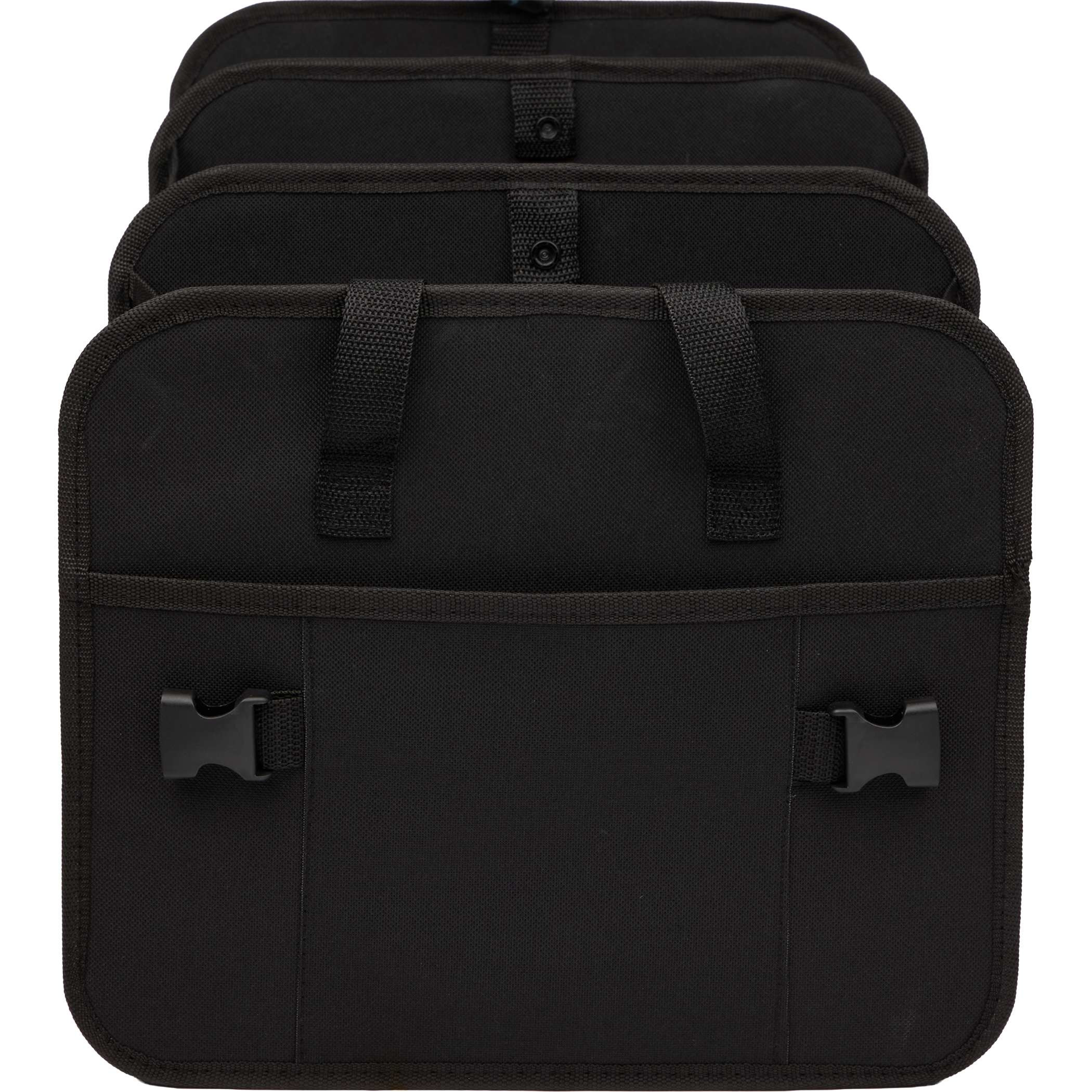 Black recycled 600D polyester trunk organizer featuring three spacious compartments, removable bottom boards, carrying handles, and a front organizational pocket.