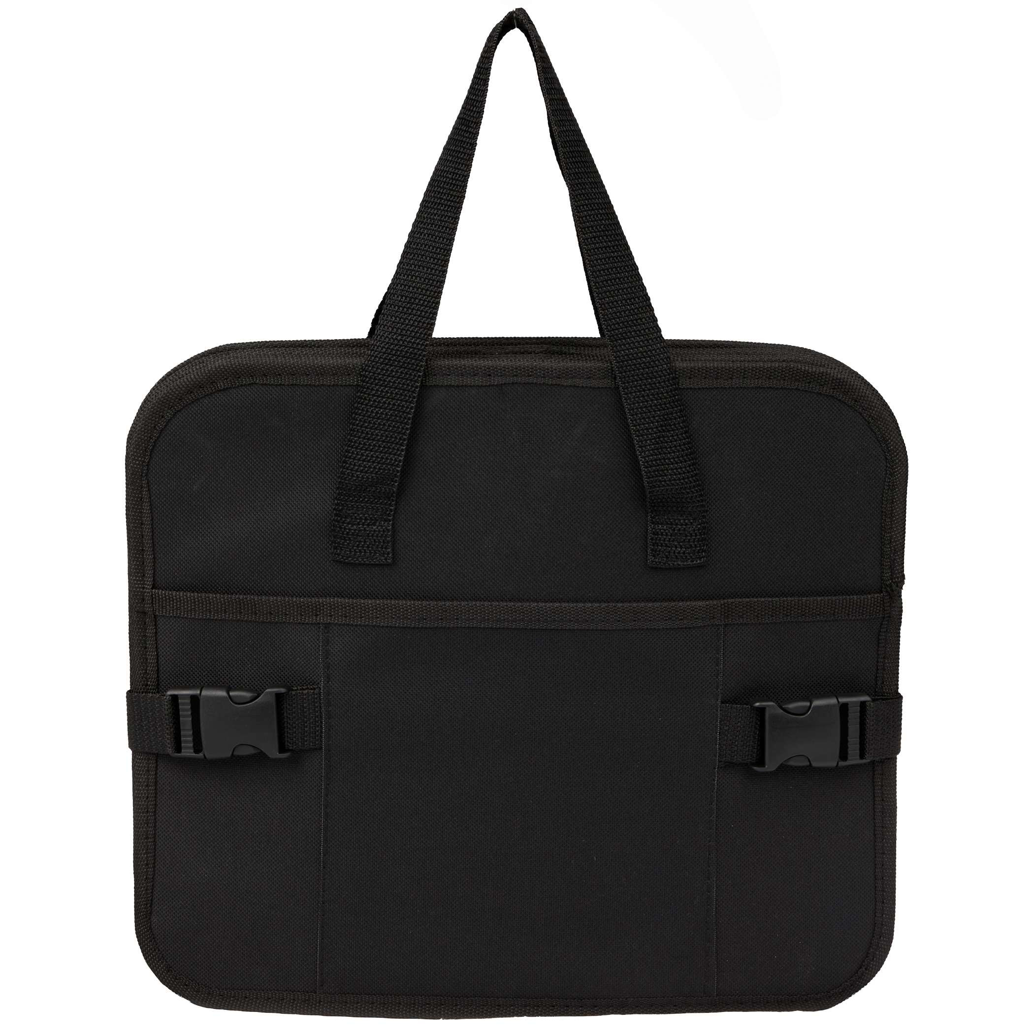 Black recycled 600D polyester trunk organizer featuring three spacious compartments, removable bottom boards, carrying handles, and a front organizational pocket.
