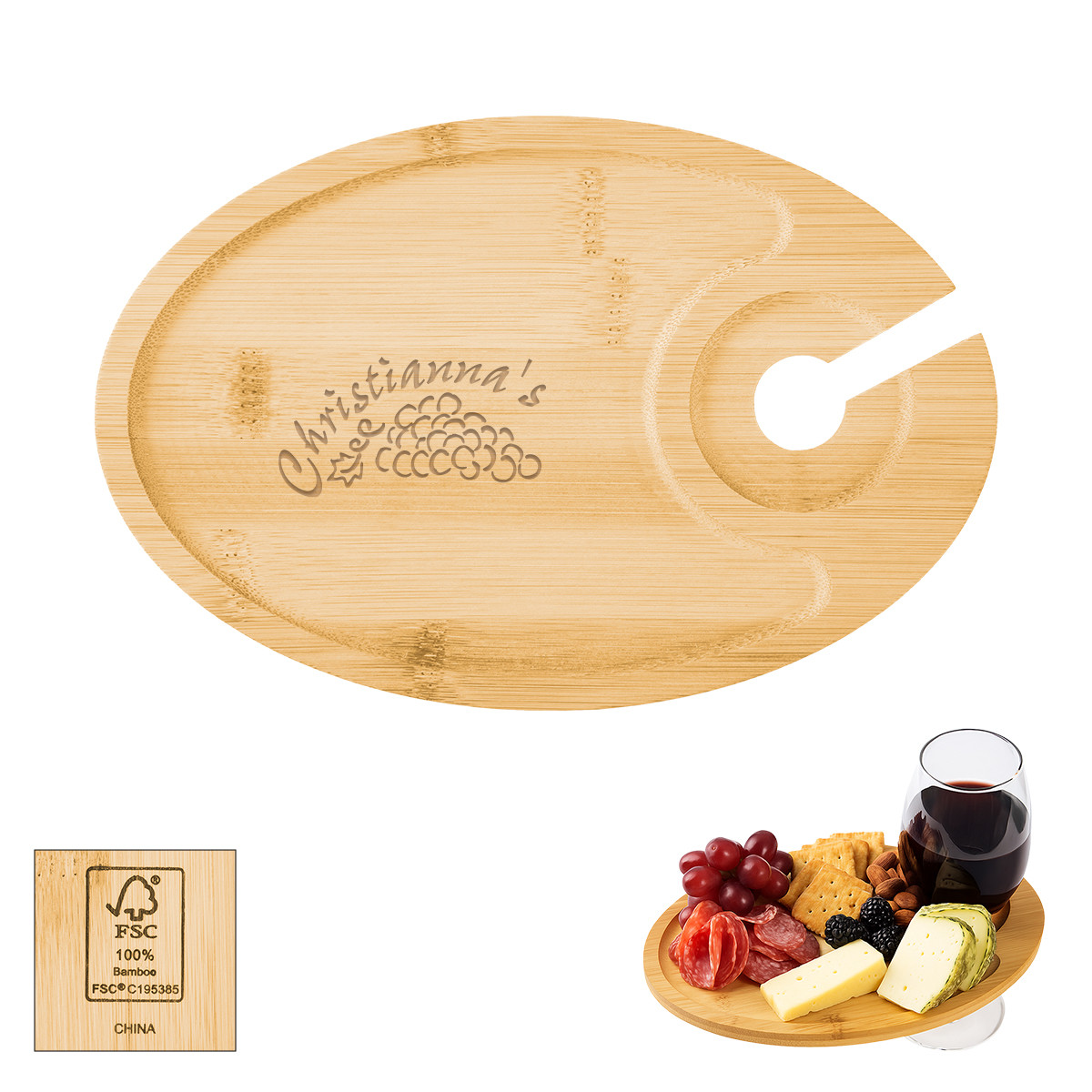 Wine & Dine Recessed Bamboo Tray With Wine Glass Holder Product Image