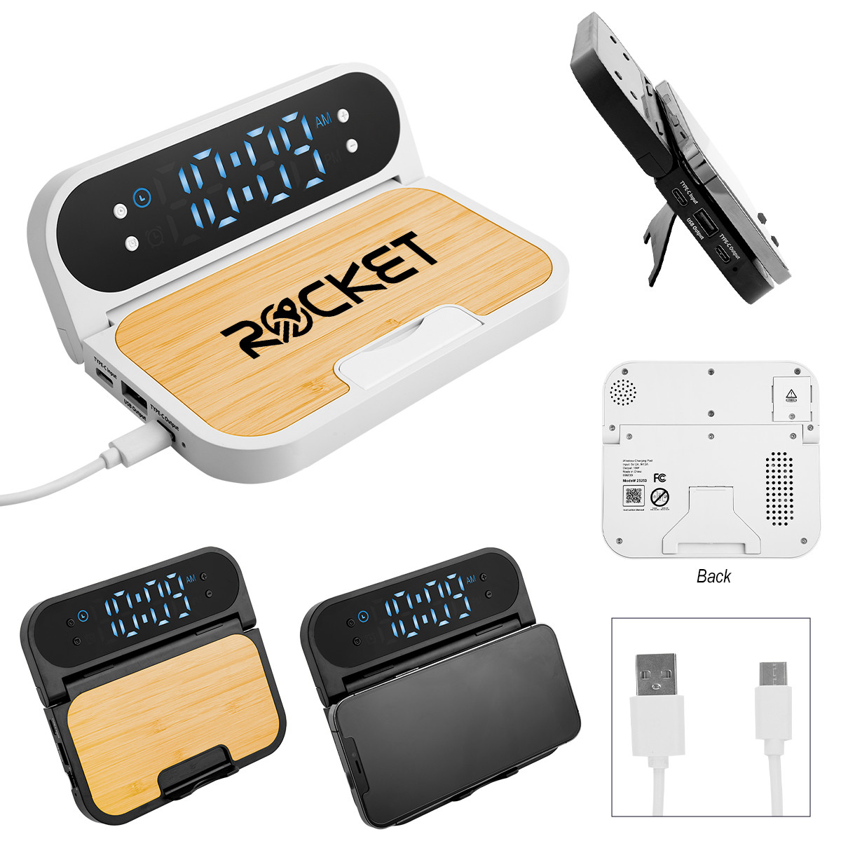 15W Bamboo Folding Charger with Digital Clock Product Image