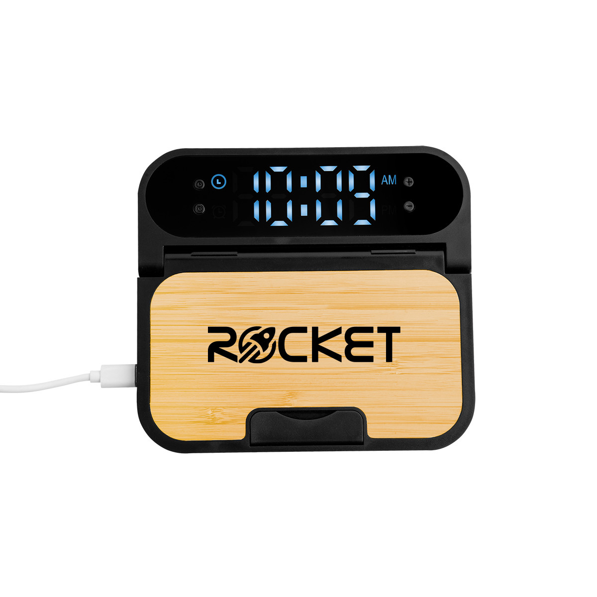 15W Bamboo Folding Charger with Digital Clock Product Image