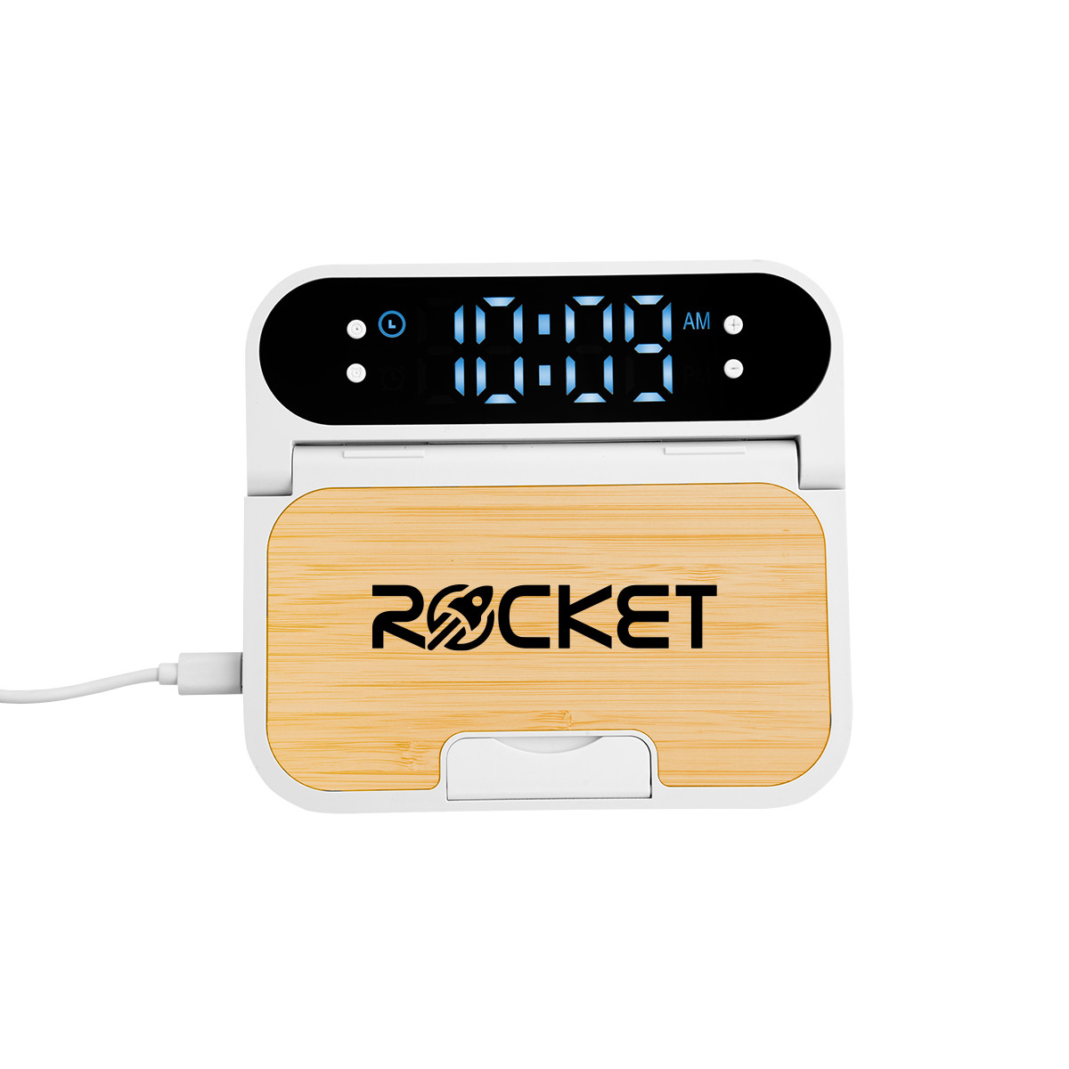 15W Bamboo Folding Charger with Digital Clock Product Image