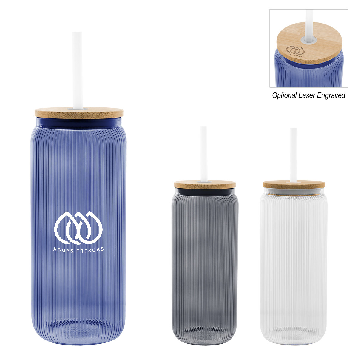 Ribbed Borosilicate Glass Can with Bamboo Lid - 20 oz. Product Image