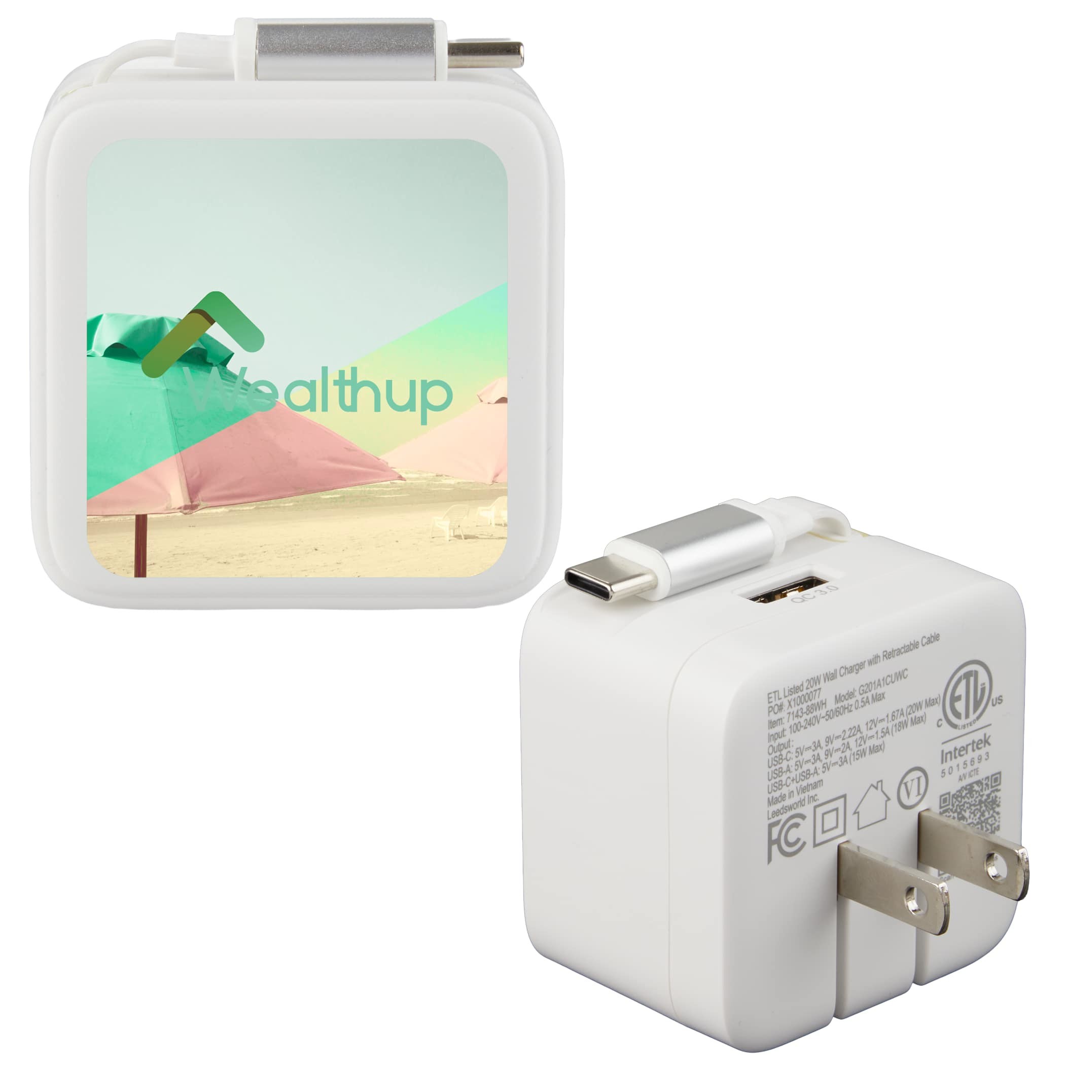 ETL Listed 20W Wall Charger with Retractable Cable Product Image