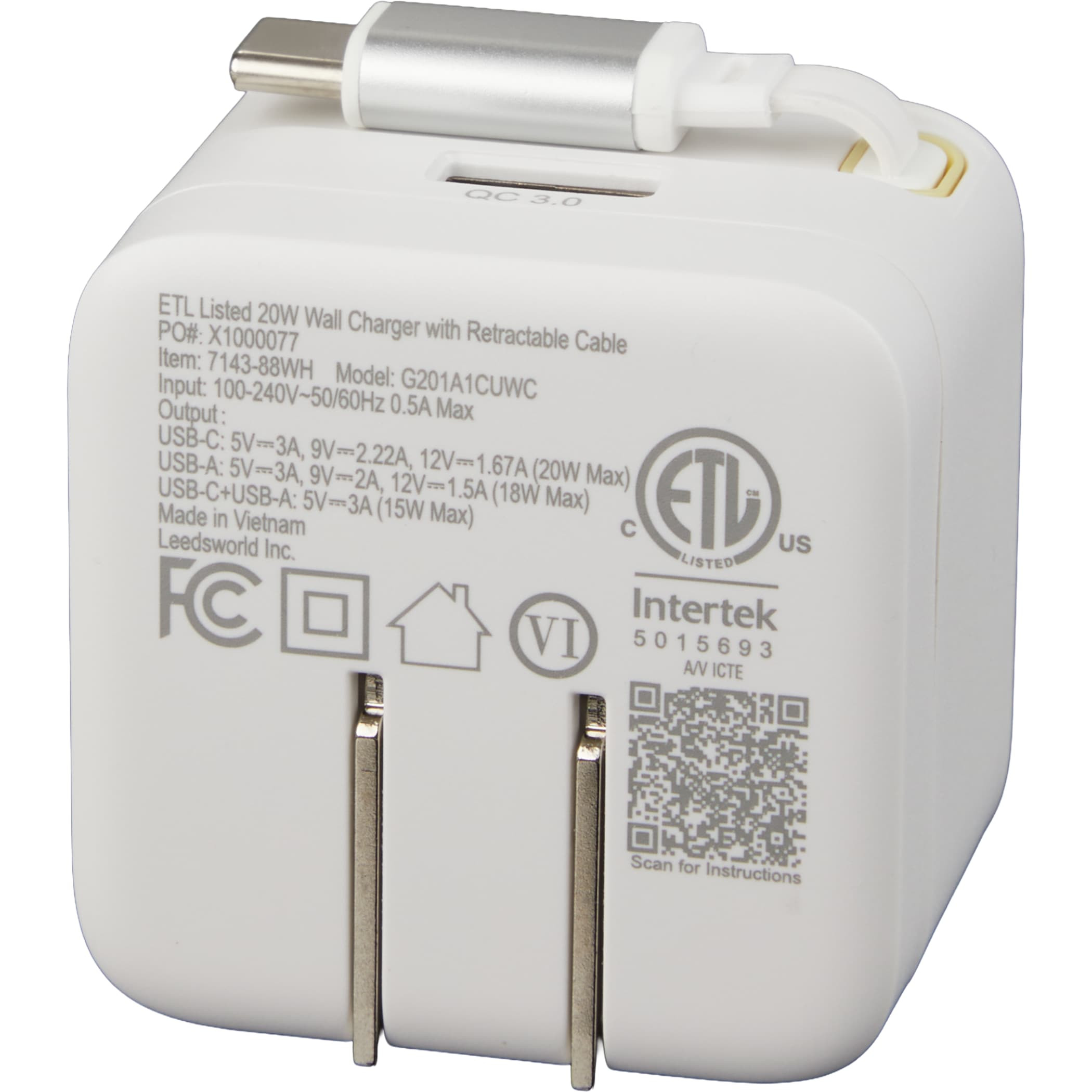 ETL Listed 20W Wall Charger with Retractable Cable Product Image