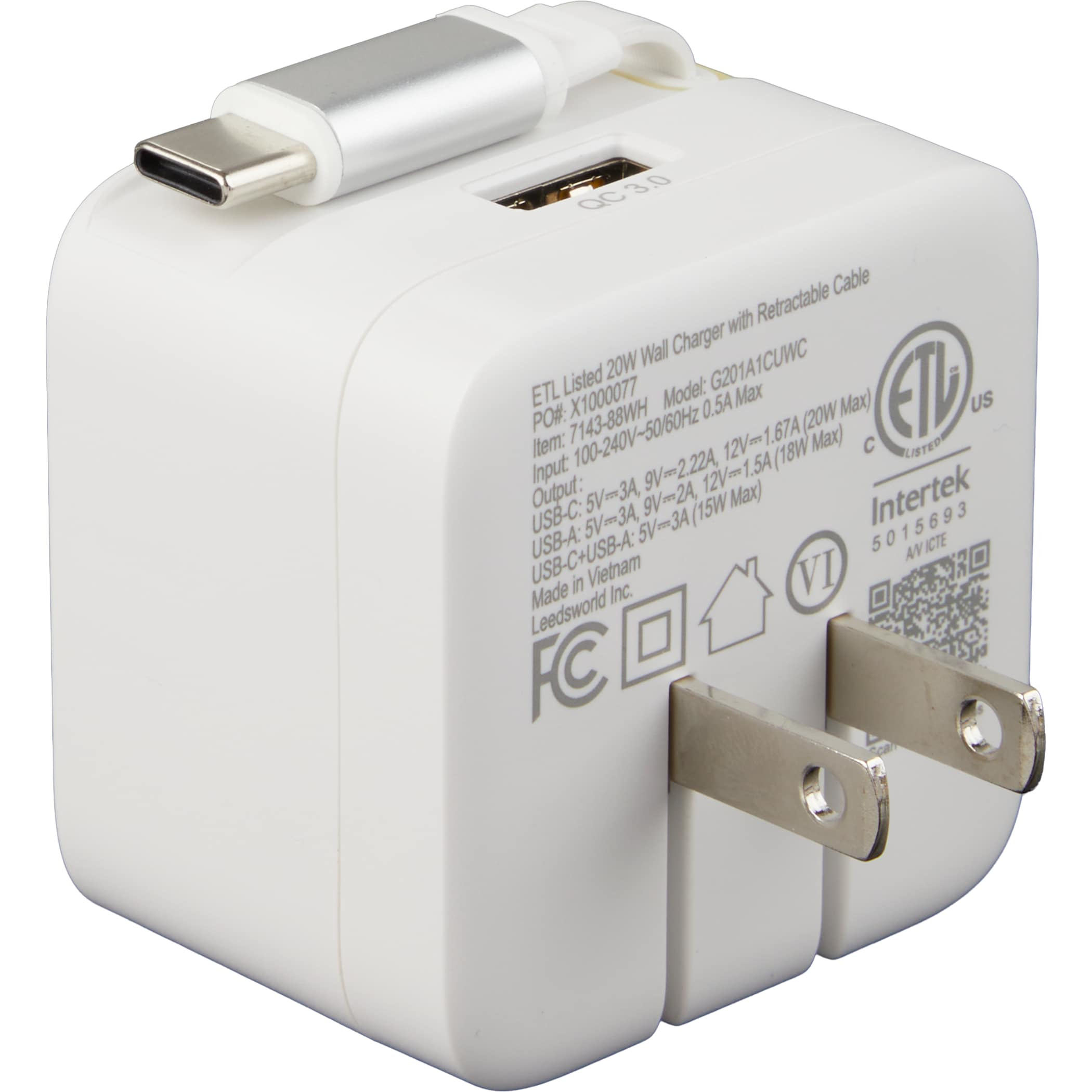 ETL Listed 20W Wall Charger with Retractable Cable Product Image