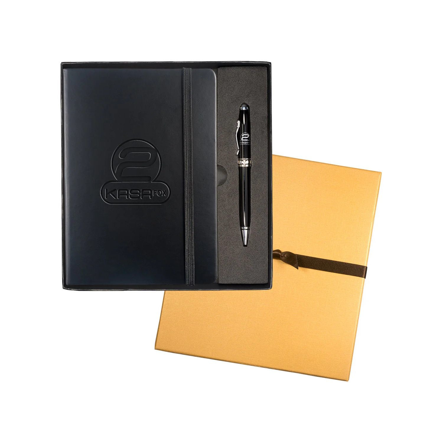 Faux leather journal with 80 ruled pages, elastic closure, document pocket, bookmark, and touchscreen-compatible twist-action pen.