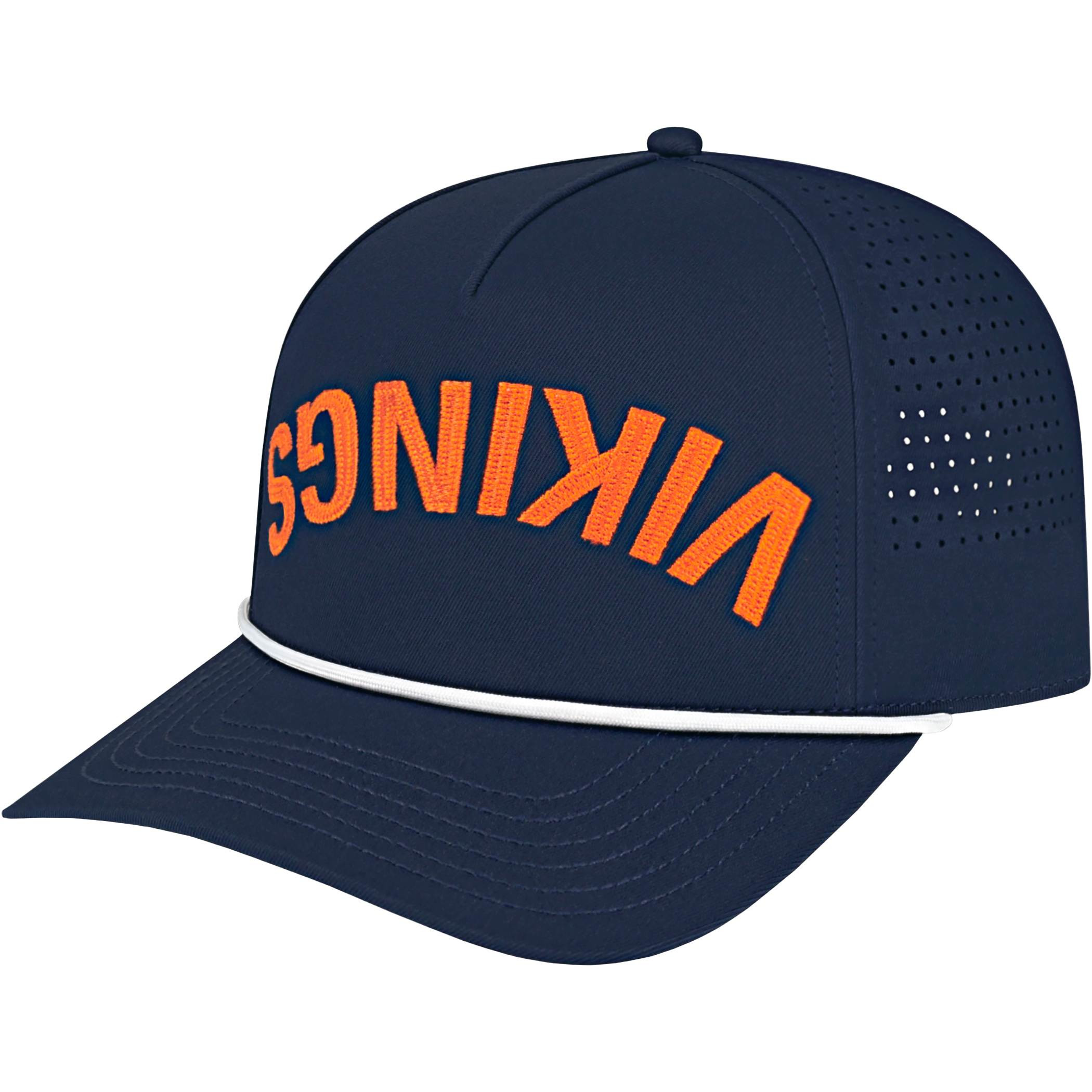 Navy and white rope-accent perforated cap featuring a structured mid-profile crown, breathable laser-cut side and back panels, flat visor, and adjustable snapback closure for a secure fit.