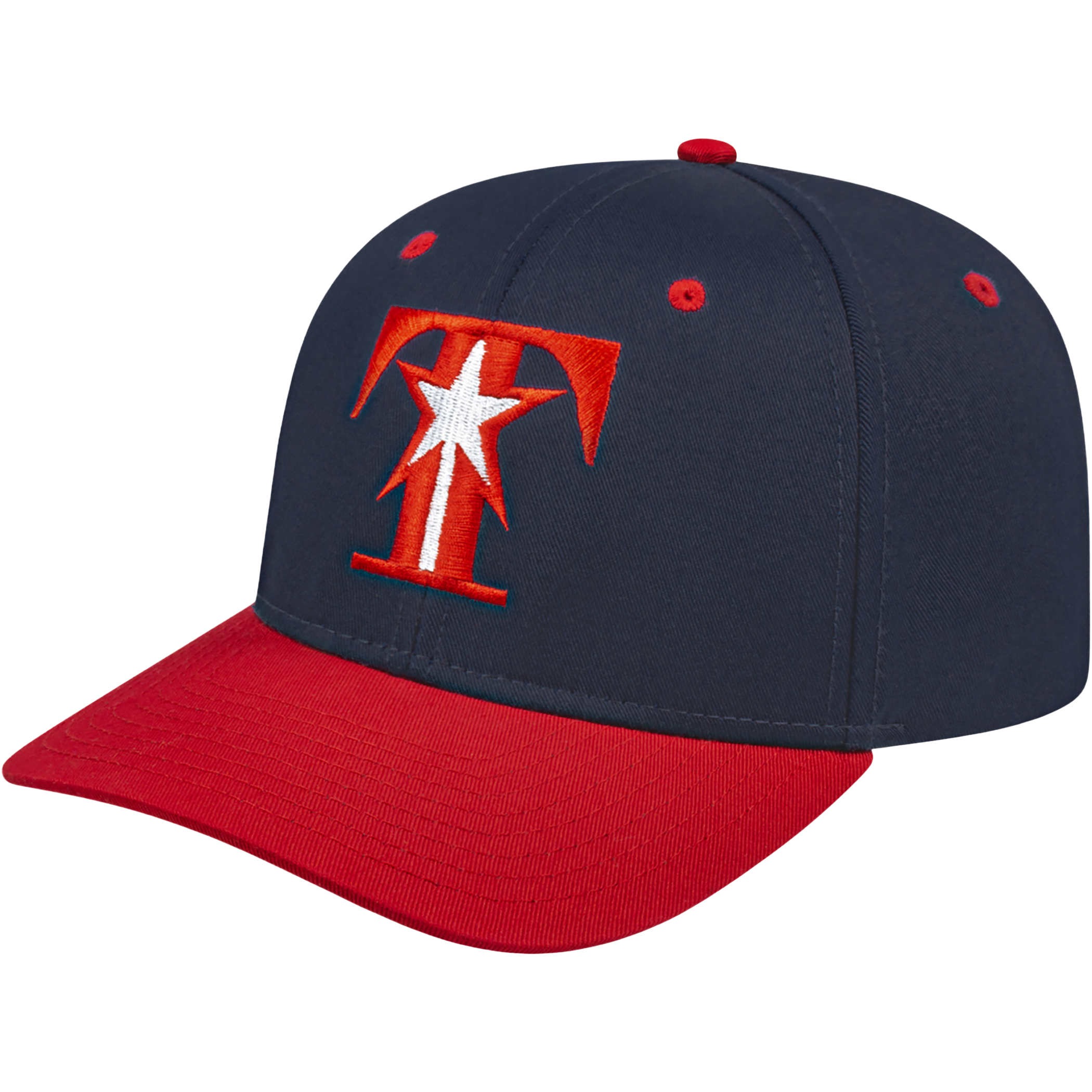 Cap America Original Poly/Cotton Snapback Cap in navy and red colorway, featuring a structured six-panel crown, curved visor, and adjustable snapback closure for a classic sporty promotional cap design