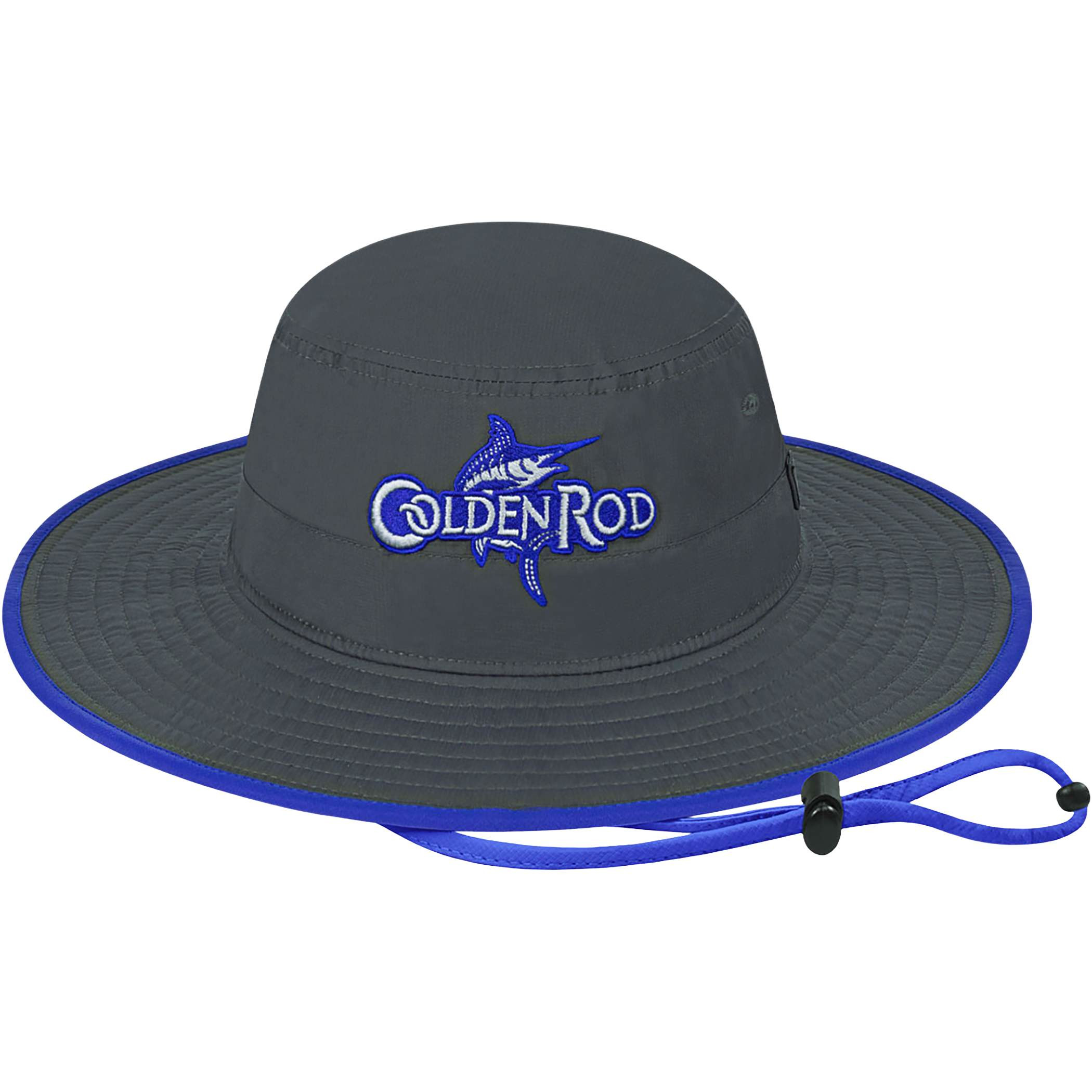Cap America Premium Performance Boonie hat in graphite and royal, featuring a wide protective brim, lightweight performance fabric, and adjustable chin cord for outdoor wear.