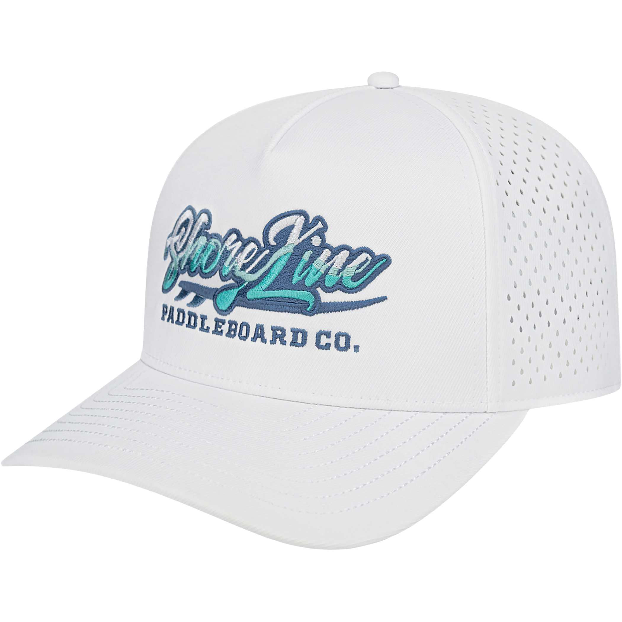 White water-resistant perforated cap with a structured mid-profile crown, breathable laser-cut side and back panels, and an adjustable snapback closure.