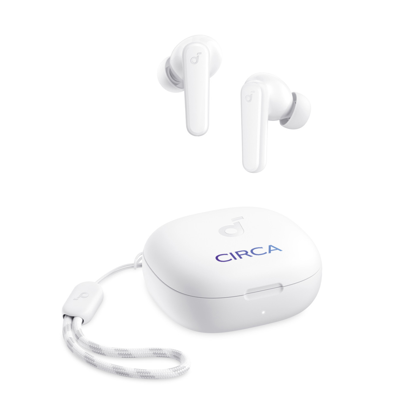 Anker Soundcore P20i true wireless earbuds in black with matching compact charging case, featuring an in-ear design, glossy finish, and portable case with lanyard loop for everyday music listening, calls, and mobile audio use.