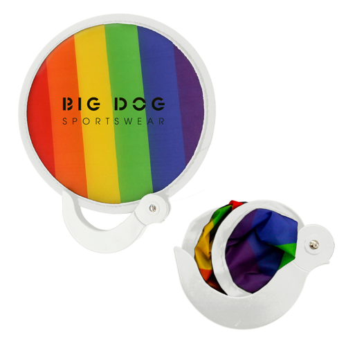 Round collapsible nylon fan with a black and white handle designed for portable cooling and compact storage.