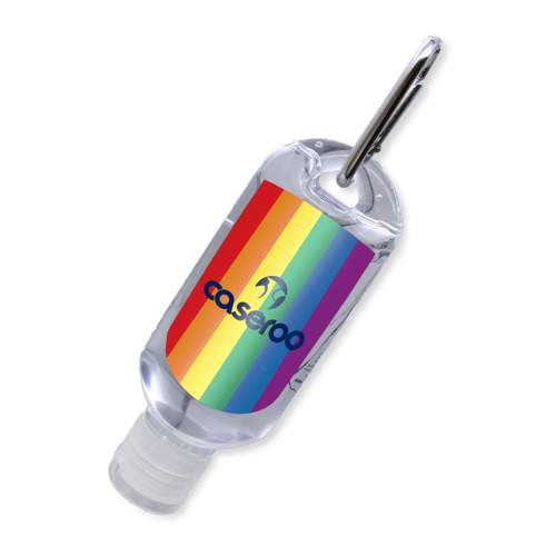 Clear travel sanitizer bottle with white cap and silver carabiner clip for easy attachment to bags or keys.