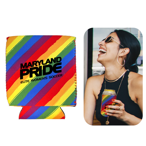 Rainbow nylon can cooler with a collapsible design that fits standard 12 oz cans and bottles for portable beverage insulation.
