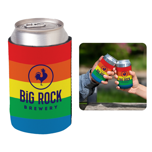 Rainbow nylon can cooler sleeve designed for 12 oz cans and bottles with collapsible flat-fold storage for portability.