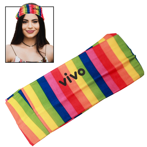 Rainbow polyester headband with a gathered knot accent and colorful striped design for comfortable everyday wear.