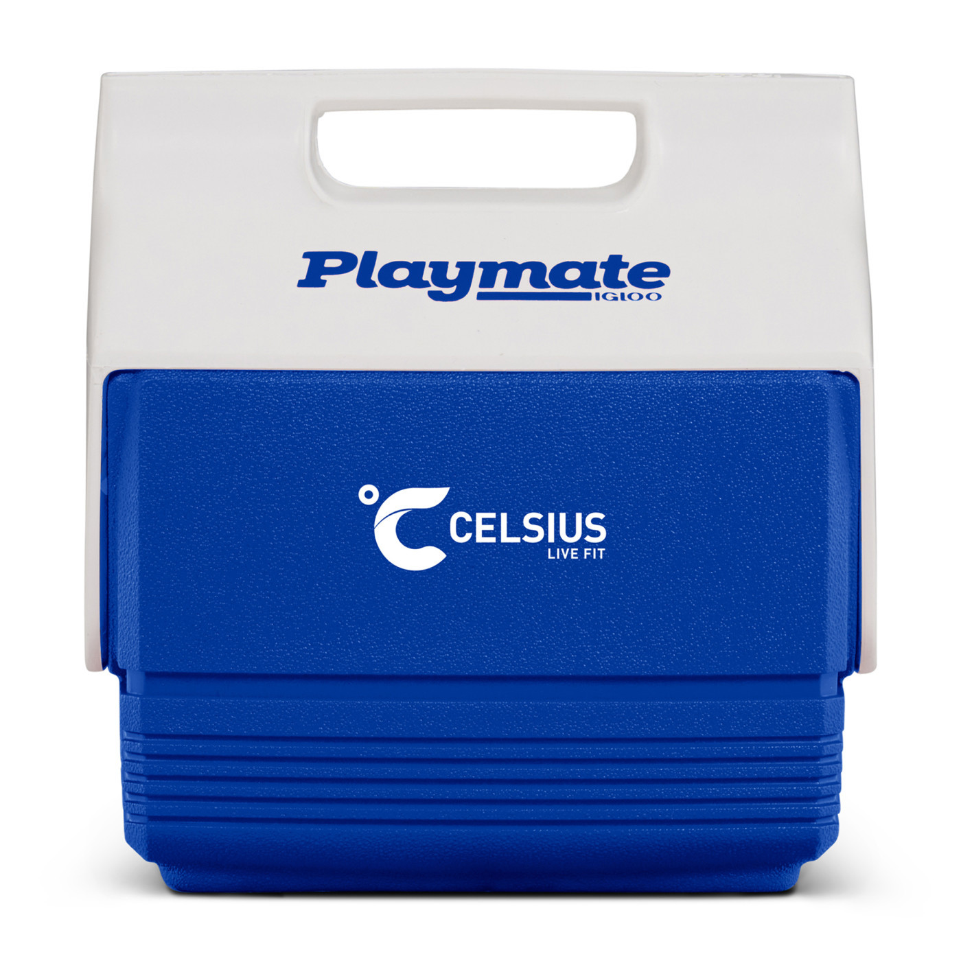 White and majestic blue hard-sided insulated cooler with tent-top design, push-button lid, molded carrying handle, and secure closure for keeping beverages and snacks cold.