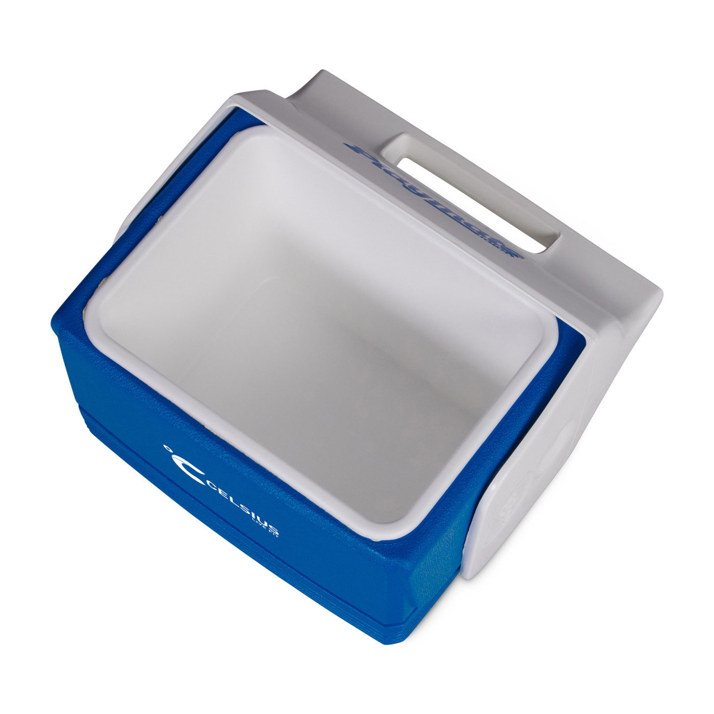 White and majestic blue hard-sided insulated cooler with tent-top design, push-button lid, molded carrying handle, and secure closure for keeping beverages and snacks cold.