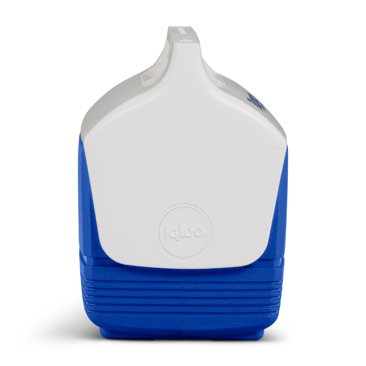 White and majestic blue hard-sided insulated cooler with tent-top design, push-button lid, molded carrying handle, and secure closure for keeping beverages and snacks cold.