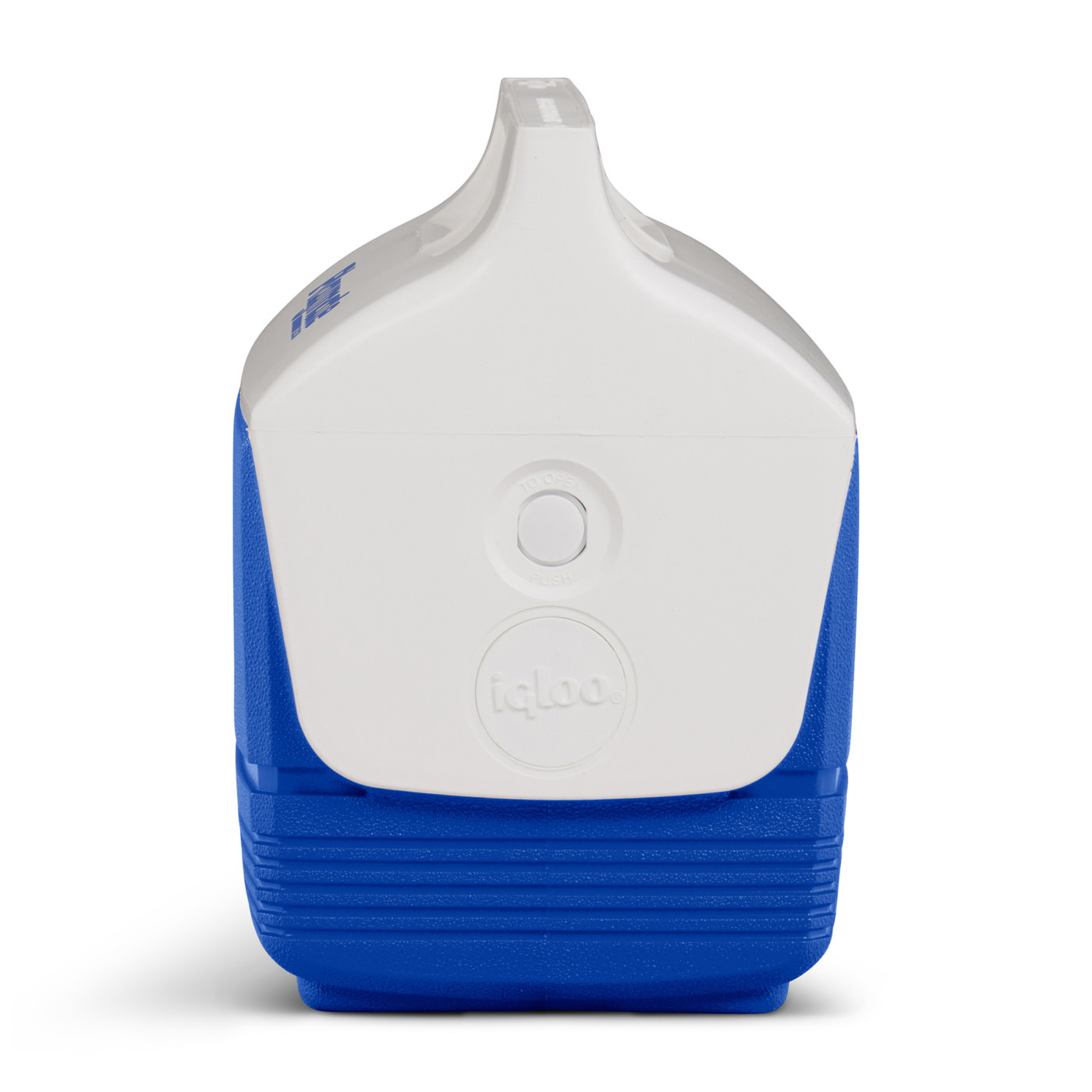 White and majestic blue hard-sided insulated cooler with tent-top design, push-button lid, molded carrying handle, and secure closure for keeping beverages and snacks cold.