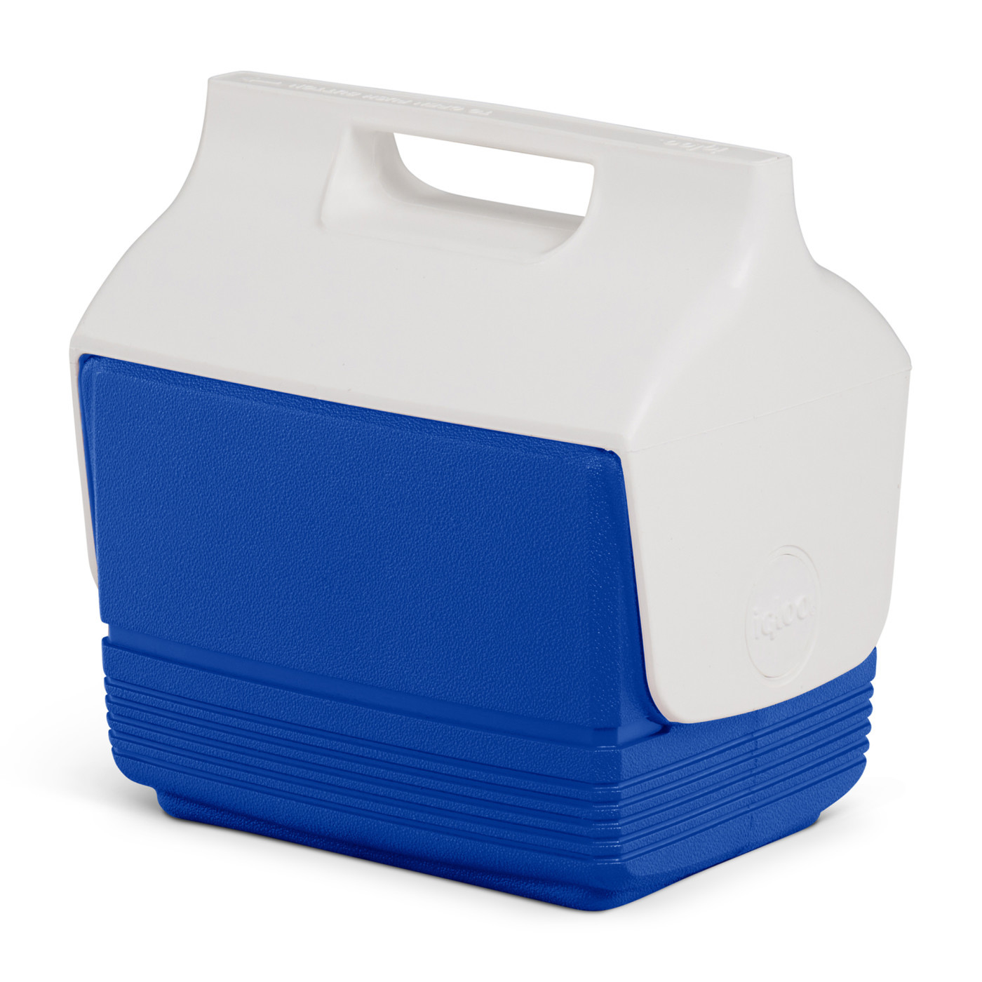 White and majestic blue hard-sided insulated cooler with tent-top design, push-button lid, molded carrying handle, and secure closure for keeping beverages and snacks cold.