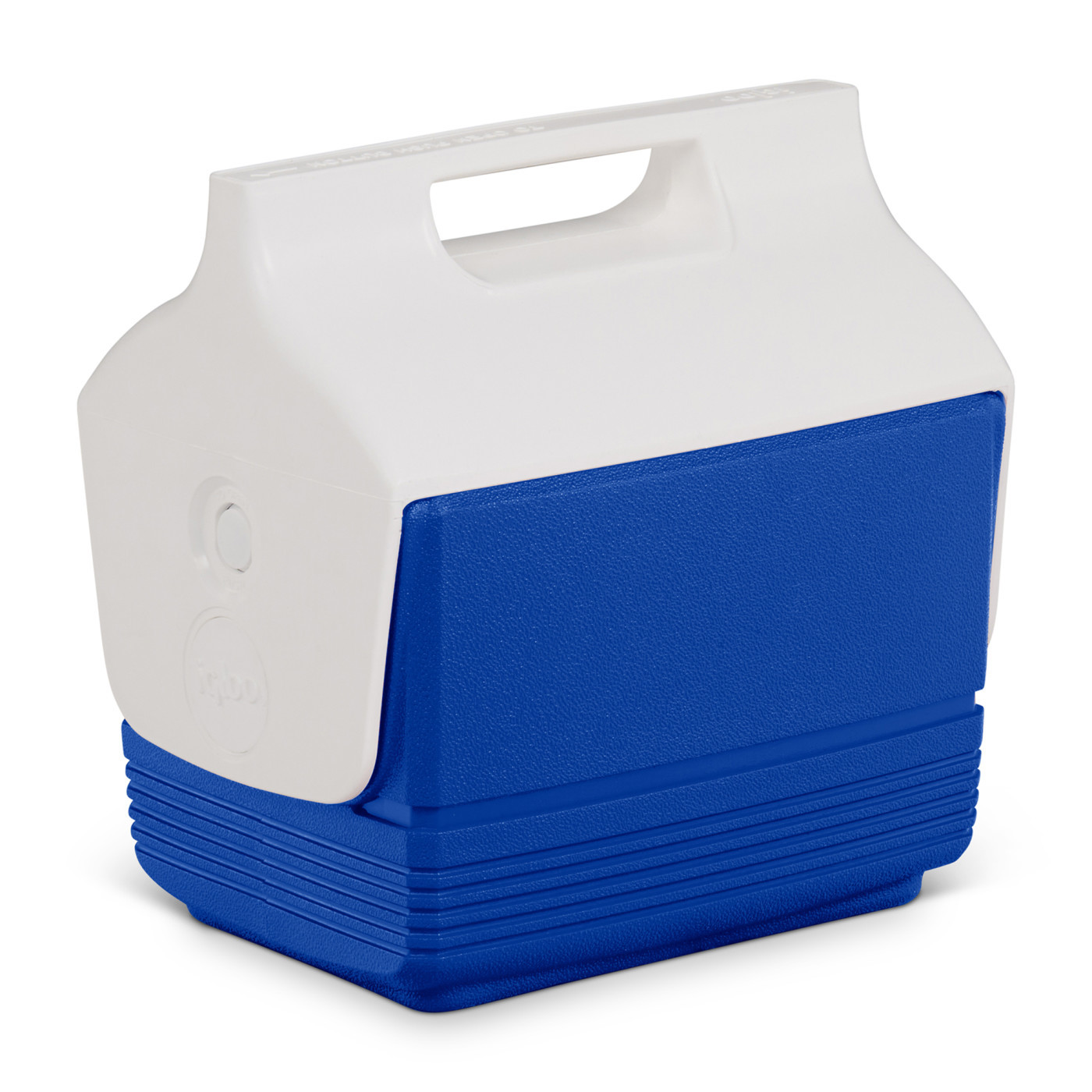 White and majestic blue hard-sided insulated cooler with tent-top design, push-button lid, molded carrying handle, and secure closure for keeping beverages and snacks cold.