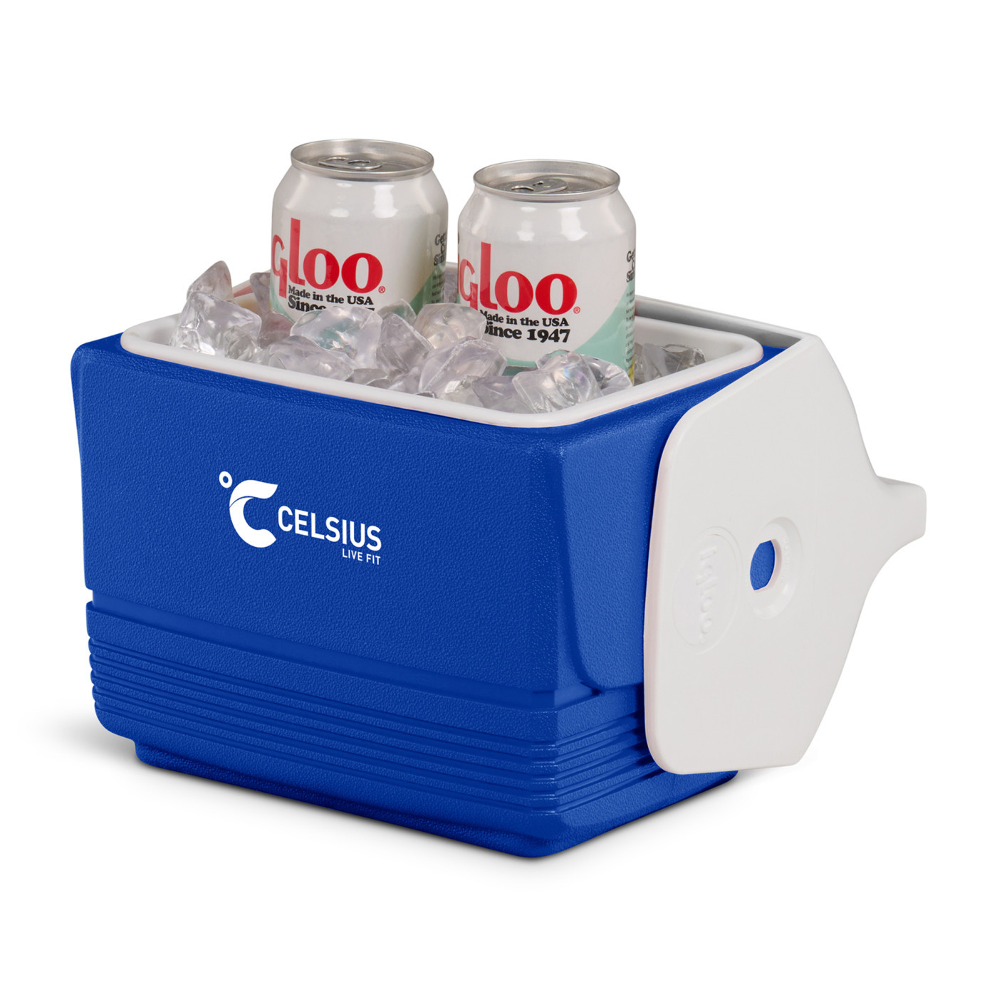White and majestic blue hard-sided insulated cooler with tent-top design, push-button lid, molded carrying handle, and secure closure for keeping beverages and snacks cold.