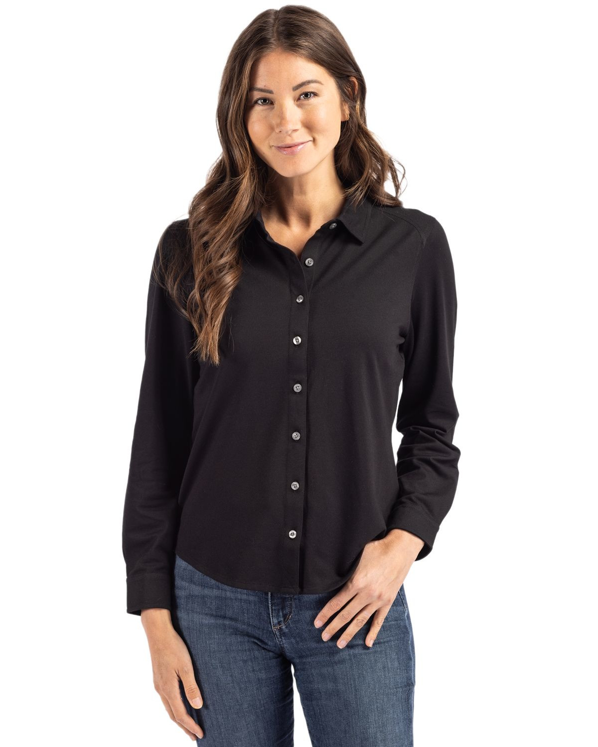 Cutter & Buck® Women's Advantage Tri-Blend Eco Soft Pique Long Sleeve Knitted Button Up Product Image