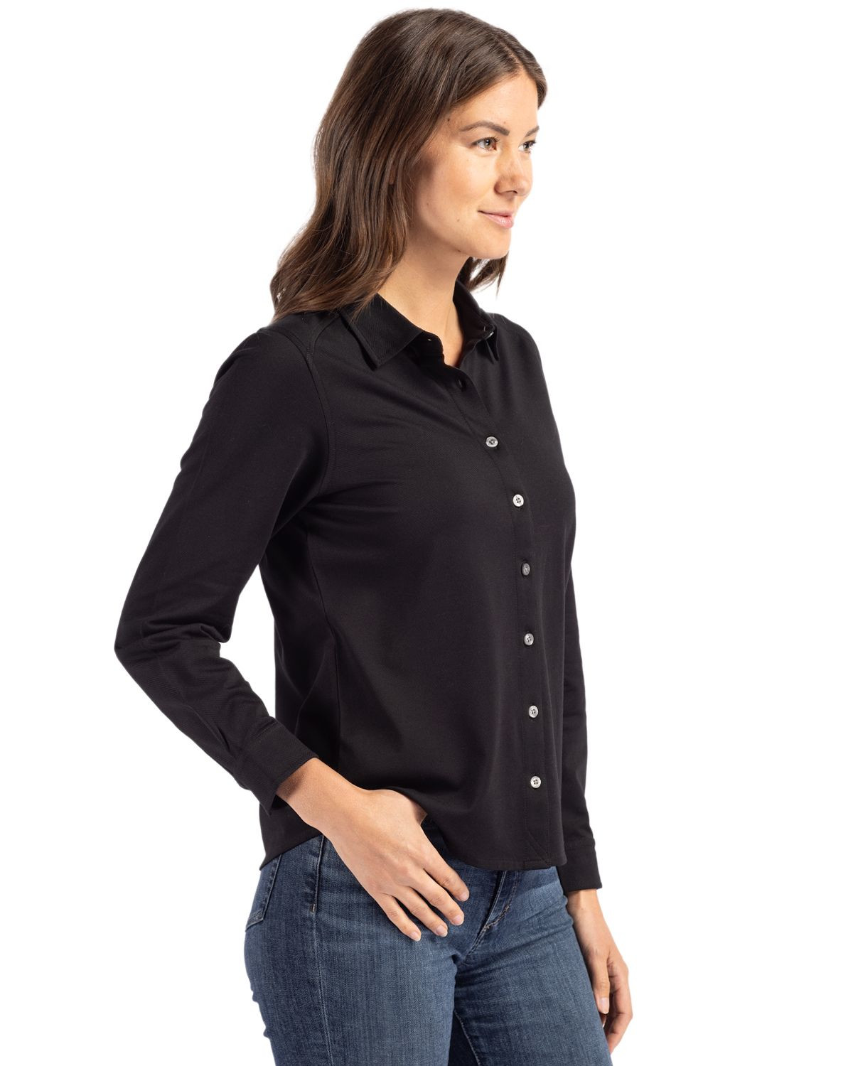 Cutter & Buck® Women's Advantage Tri-Blend Eco Soft Pique Long Sleeve Knitted Button Up Product Image