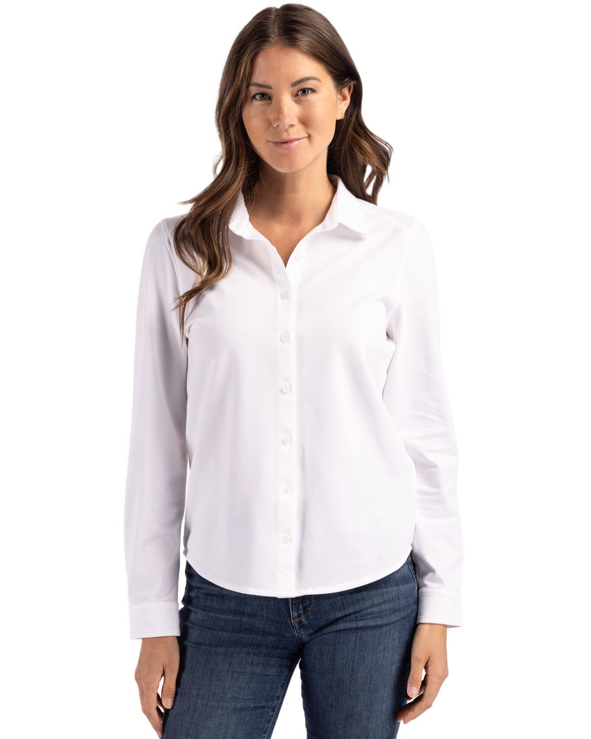 Cutter & Buck® Women's Advantage Tri-Blend Eco Soft Pique Long Sleeve Knitted Button Up Product Image