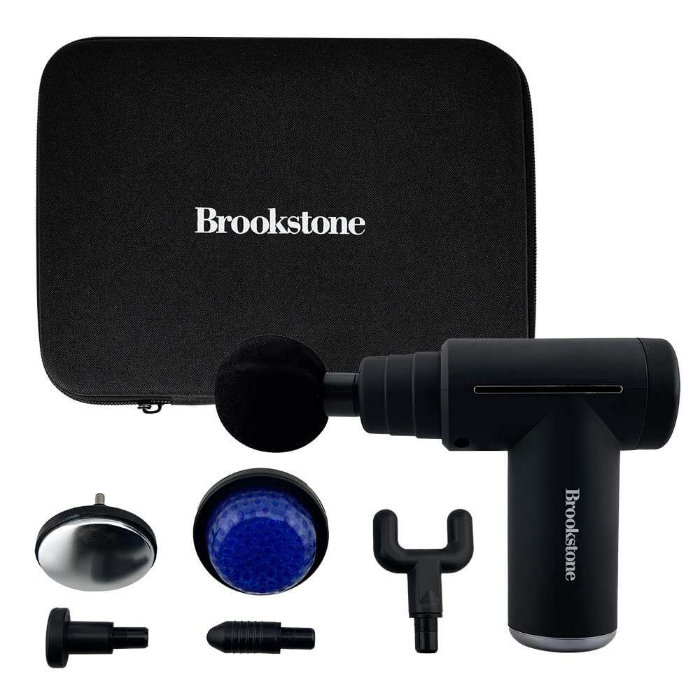 Black cordless deep tissue percussion massager with ergonomic grip, six massage heads, rechargeable battery, and adjustable intensity settings.