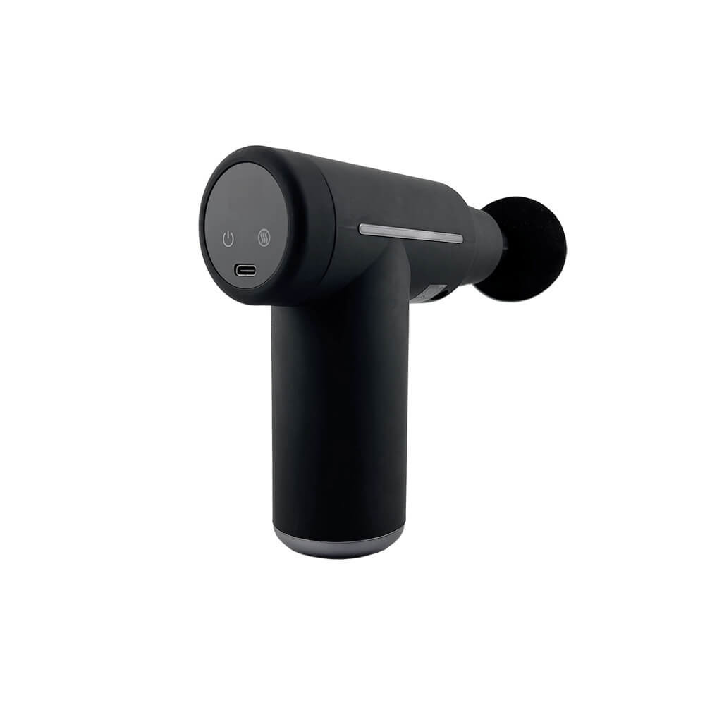 Black cordless deep tissue percussion massager with ergonomic grip, six massage heads, rechargeable battery, and adjustable intensity settings.