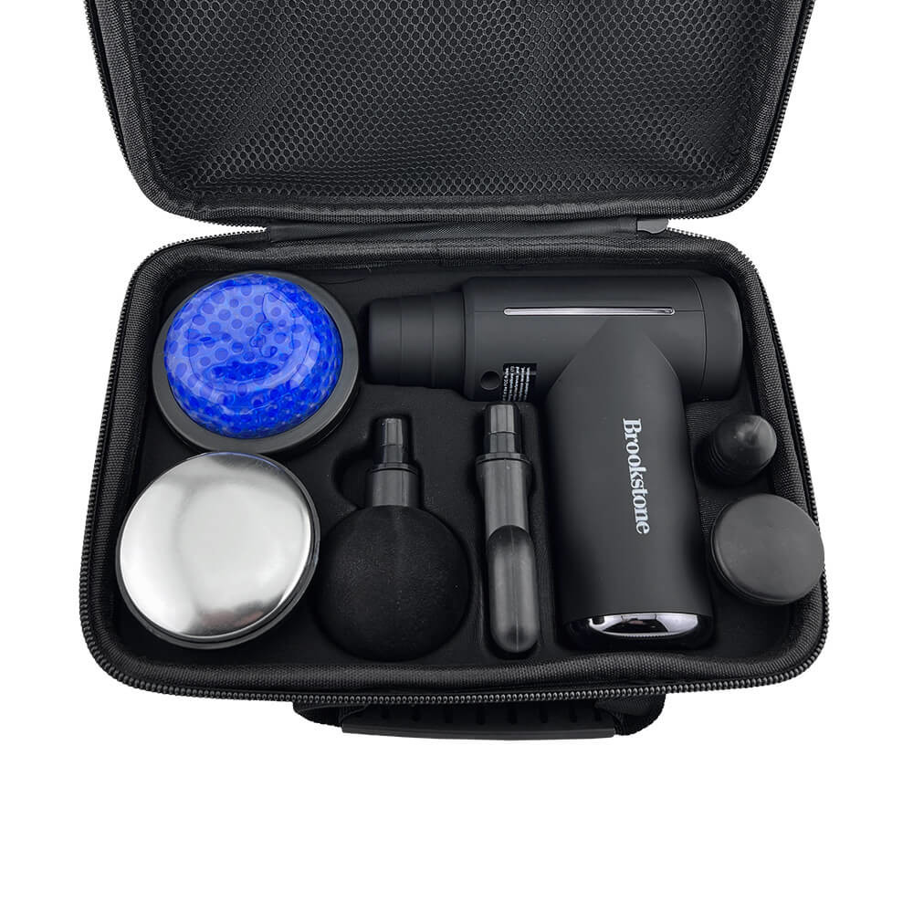 Black cordless deep tissue percussion massager with ergonomic grip, six massage heads, rechargeable battery, and adjustable intensity settings.