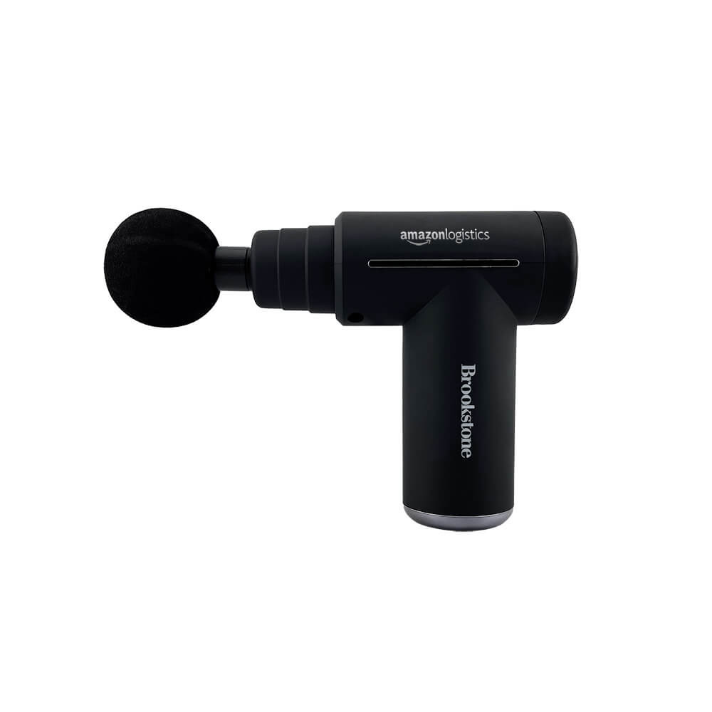 Black cordless deep tissue percussion massager with ergonomic grip, six massage heads, rechargeable battery, and adjustable intensity settings.