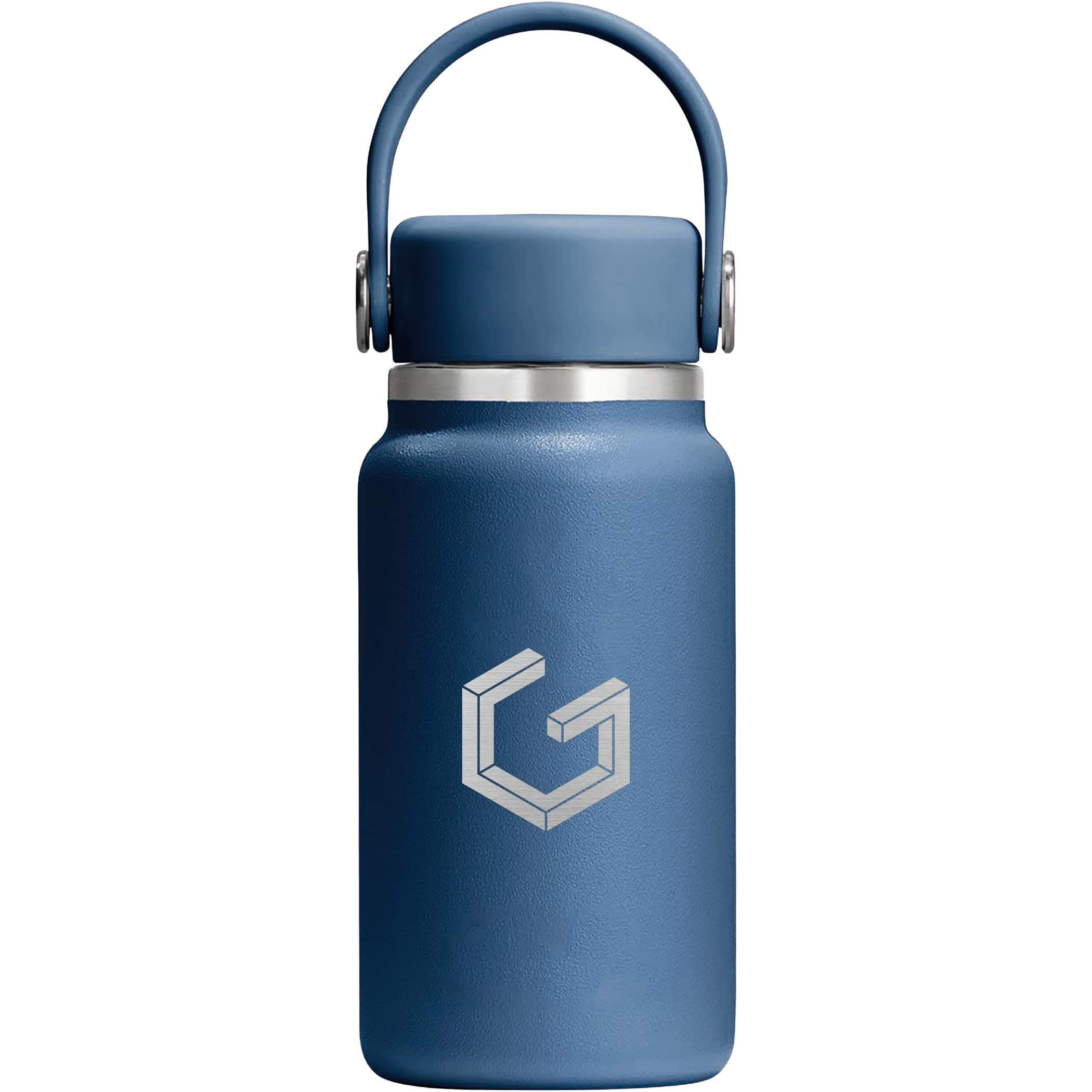 Compact insulated stainless steel bottle in Harbour Blue with a smooth matte finish, black leakproof cap, and removable black FlexClip strap attached to the lid.