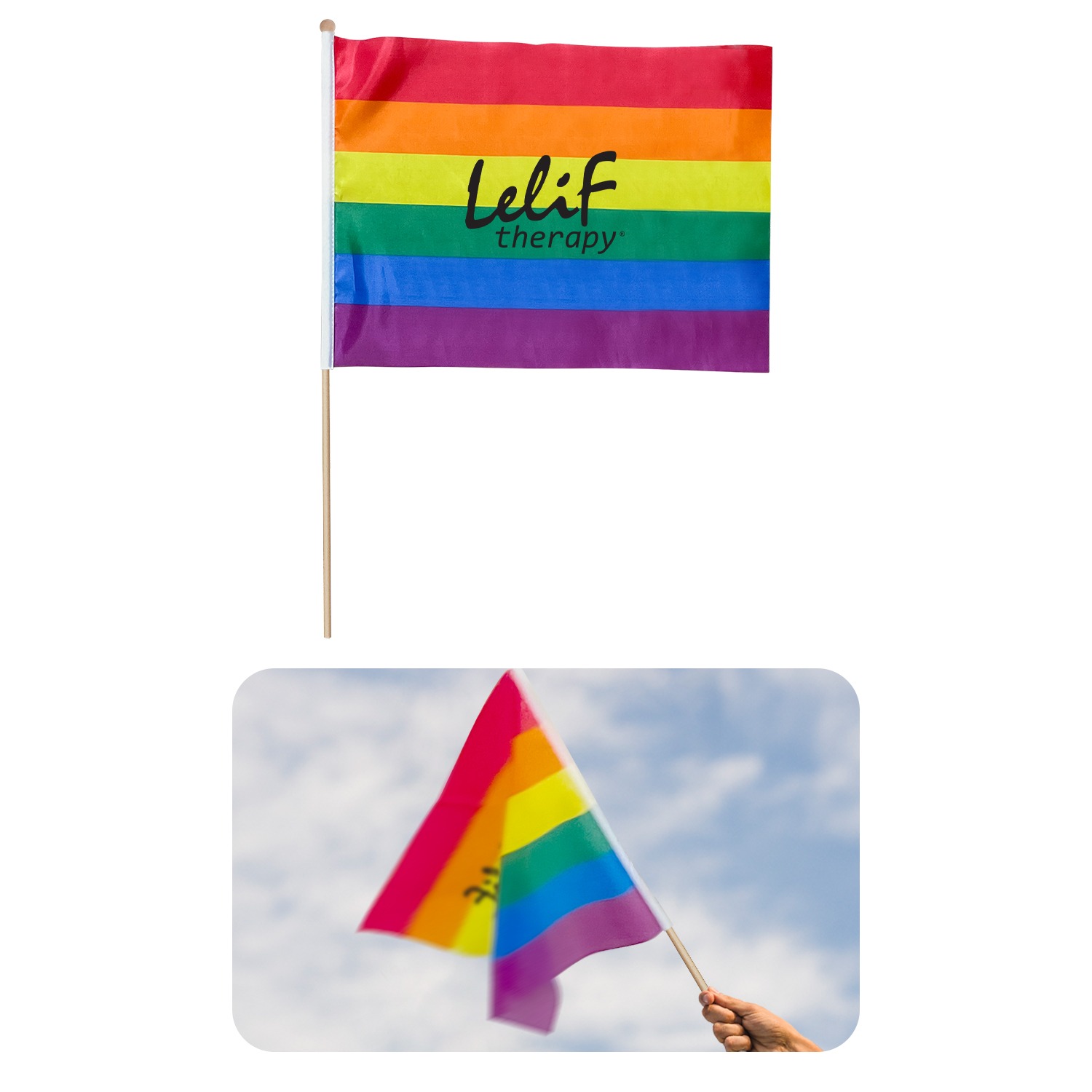 Rainbow Pride Flag featuring a multicolor horizontal rainbow design made of durable polyester fabric, shown attached to a wooden pole with reinforced stitching and metal grommets for hanging, commonly used for outdoor display, parades, and promotional custom branding.