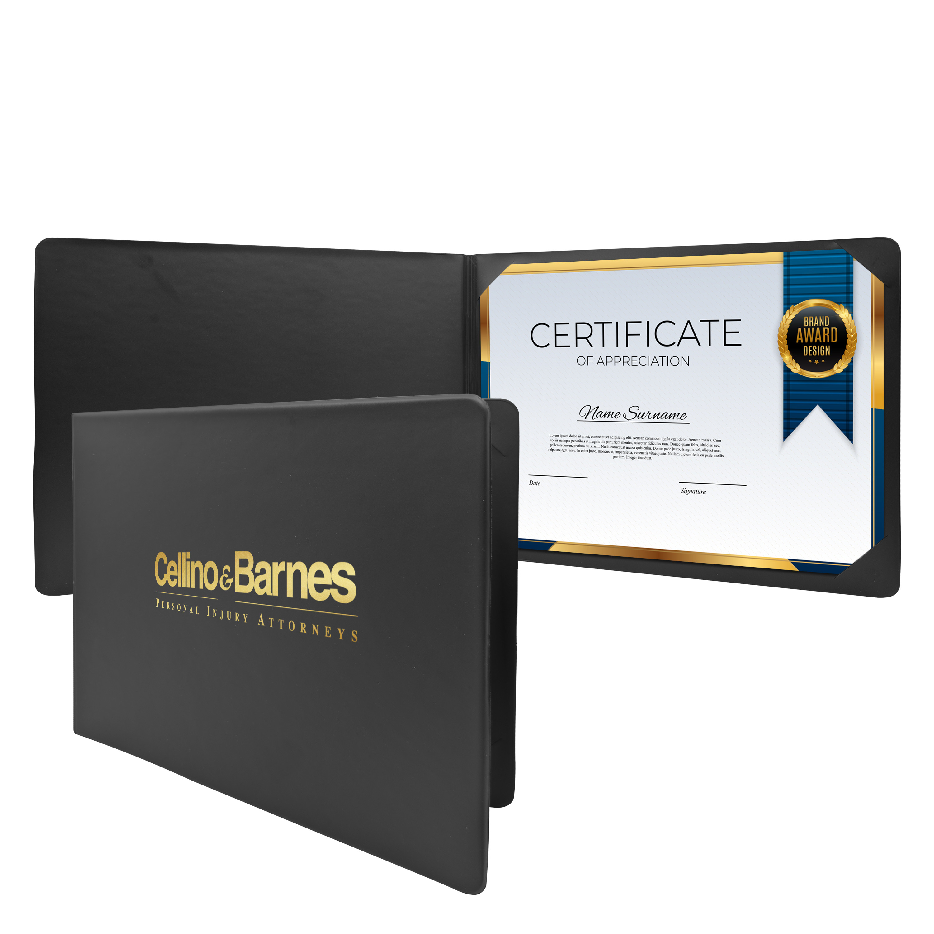 Black landscape diploma cover with a smooth vinyl finish, stitched edges, and corner slits designed to hold and protect 11" x 8.5" certificates or diplomas.