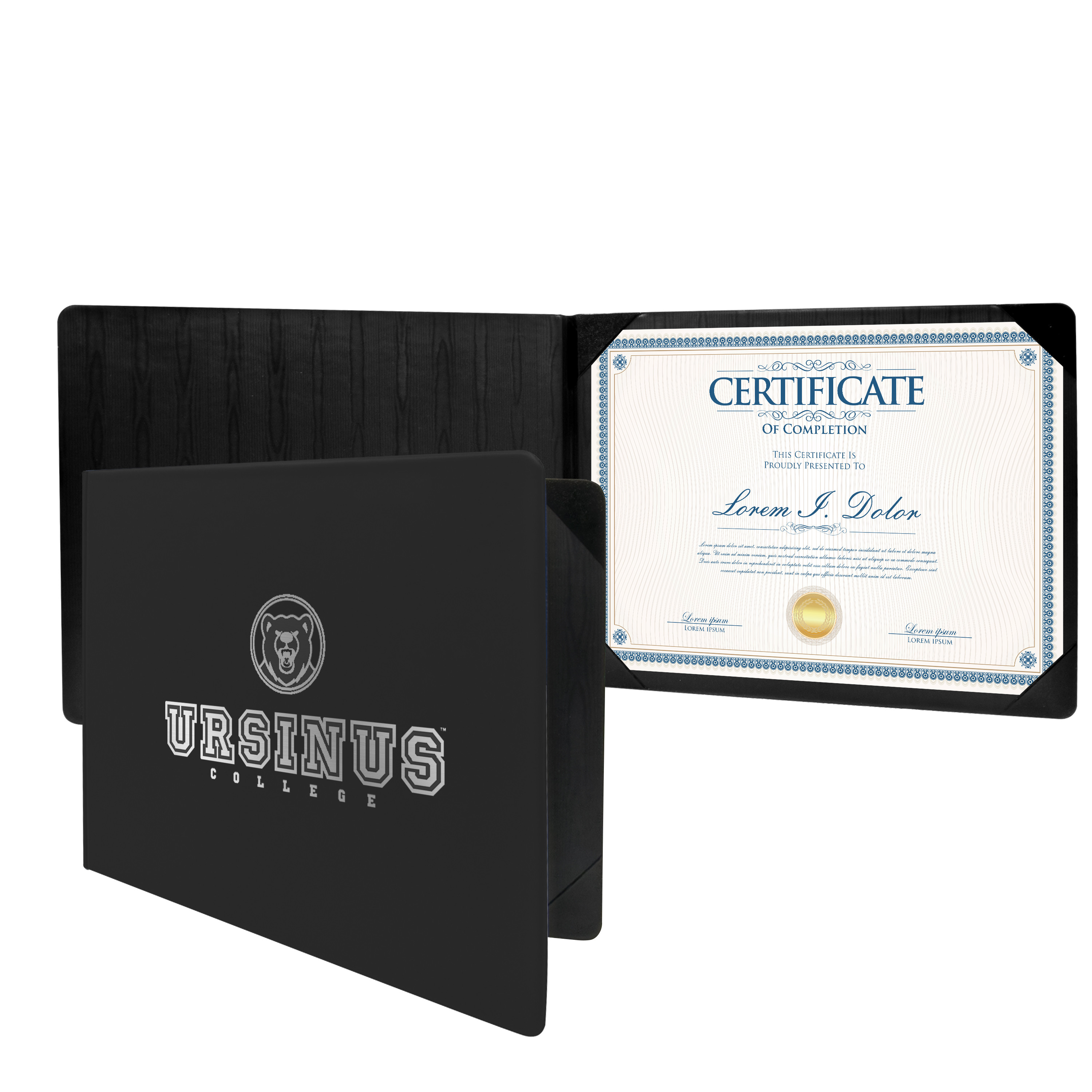 Black landscape diploma holder with a smooth vinyl cover, stitched edges, and corner pockets designed to securely display certificates or achievement documents.