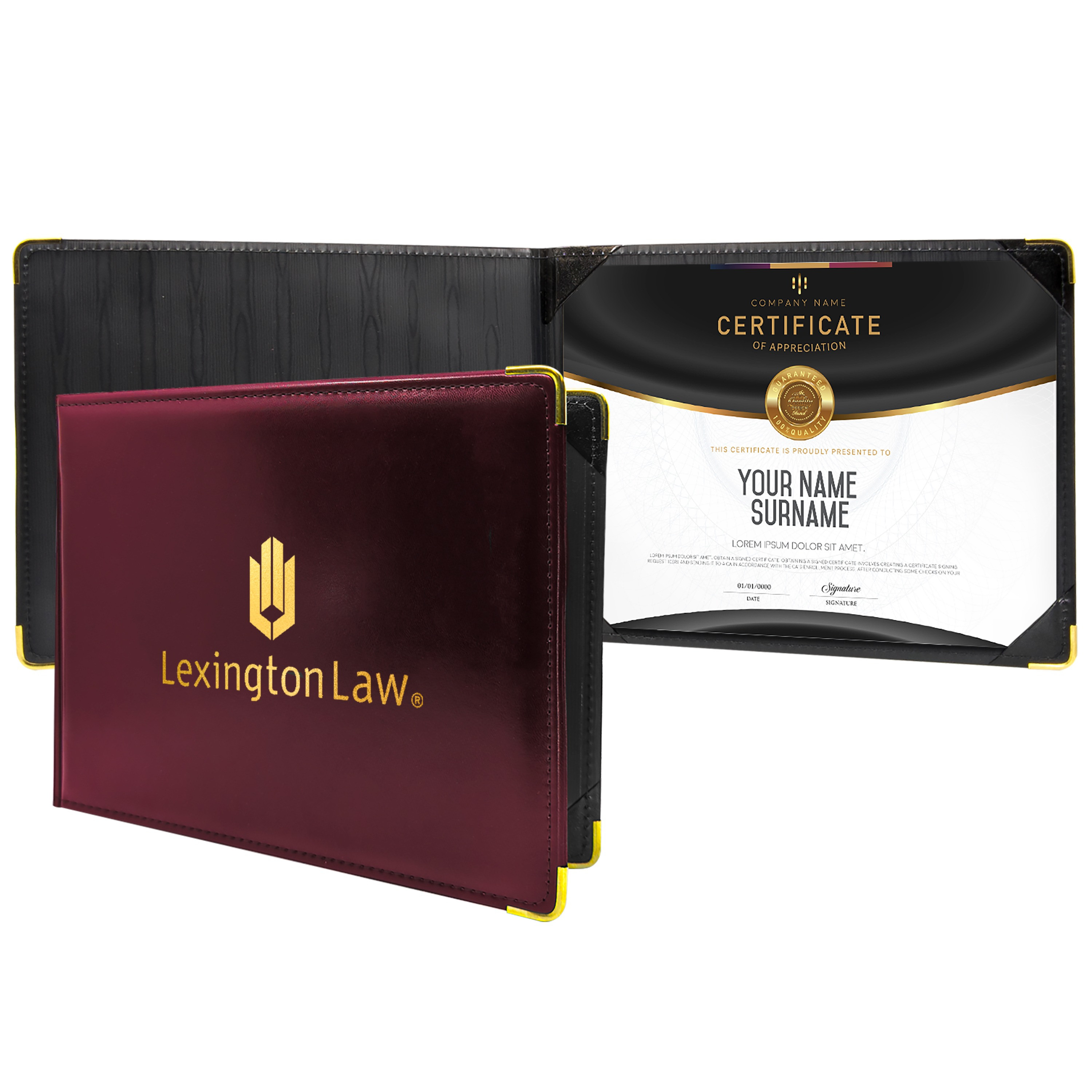 Burgundy padded diploma cover with a smooth vinyl finish, decorative metal corner accents, and a landscape design for displaying certificates or diplomas.