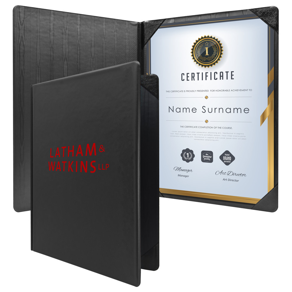 Black padded portrait certificate holder with a smooth vinyl finish, stitched edges, and corner pockets designed to protect and display 8.5" x 11" documents.