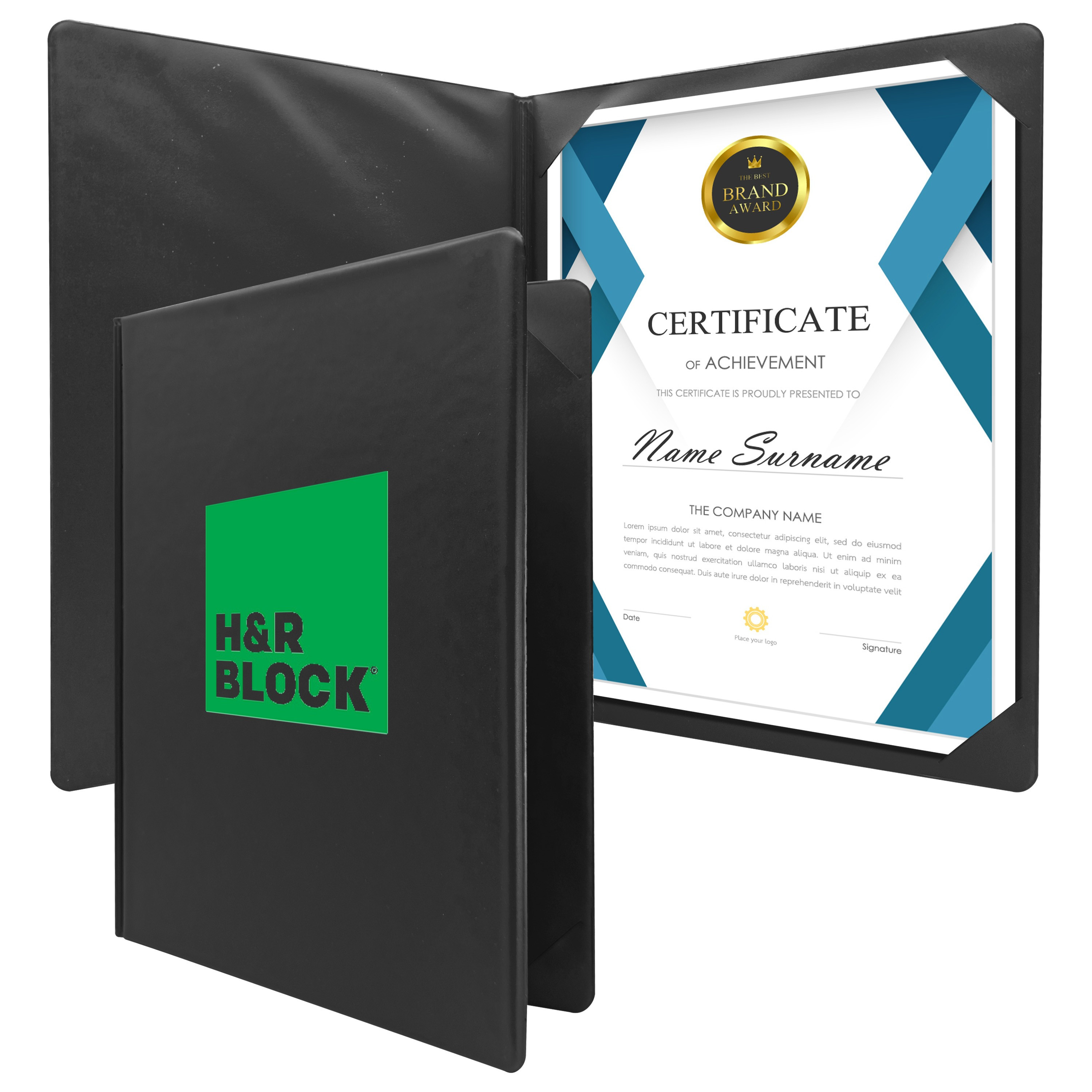 Black portrait diploma cover with a smooth vinyl finish, stitched edges, and corner slits designed to hold and protect 8.5" x 11" certificates or diplomas.