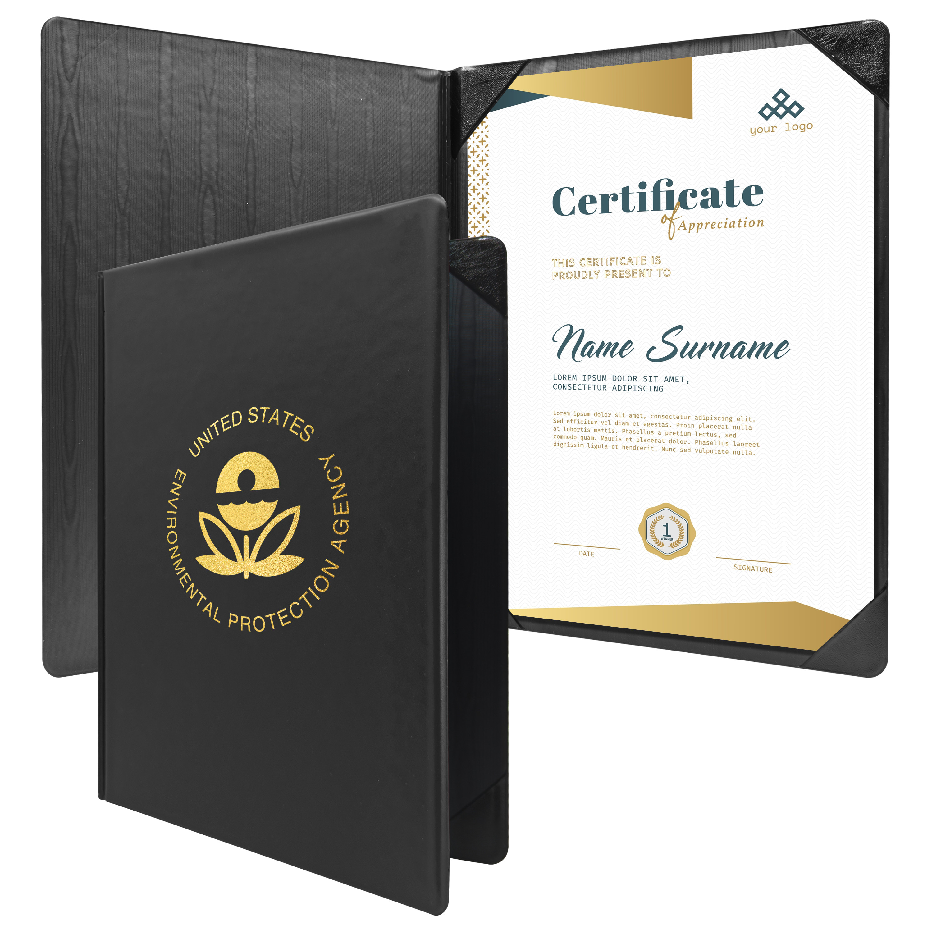 Black portrait diploma holder with a smooth vinyl cover, stitched edges, and corner pockets designed to securely display certificates or diplomas.