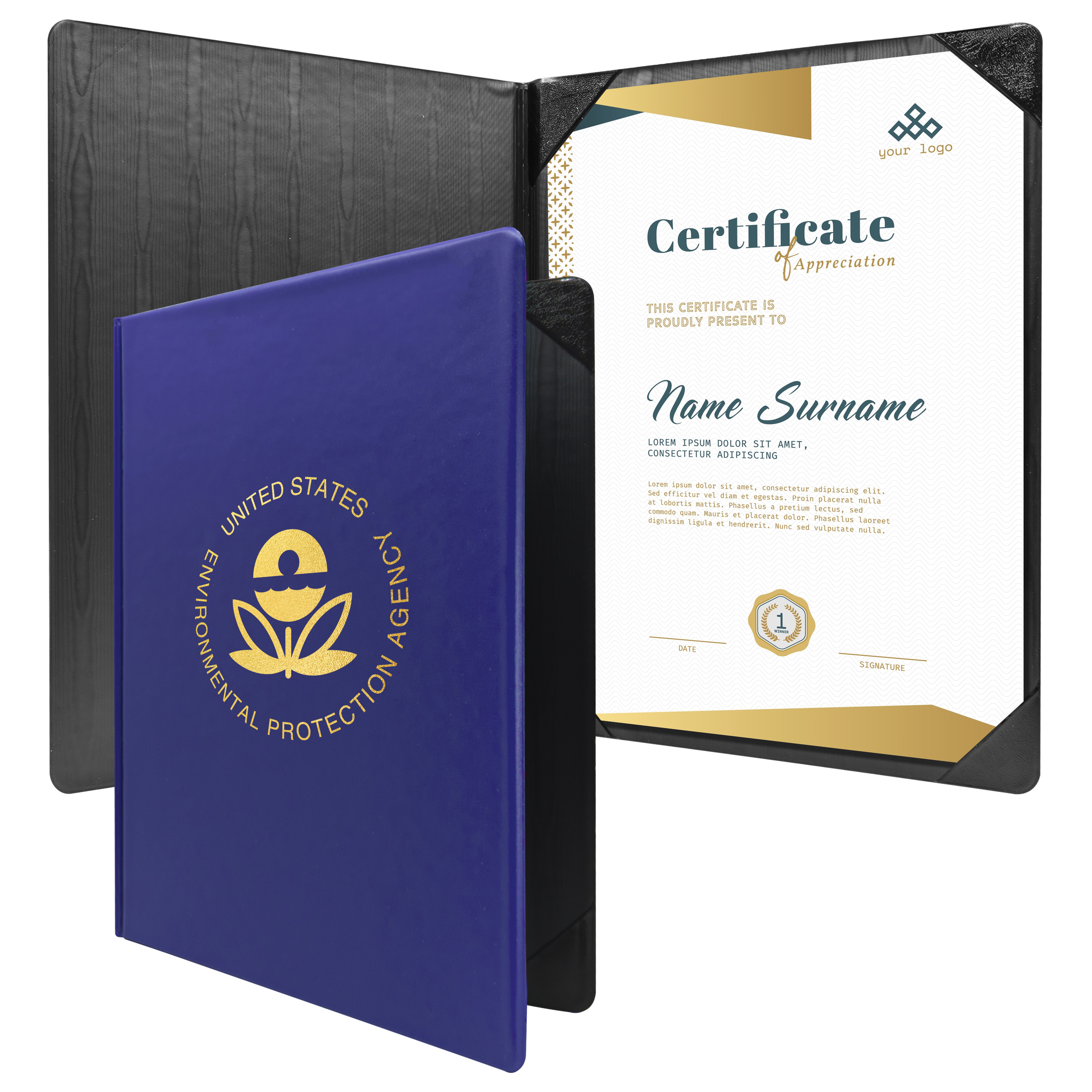 Royal Blue portrait diploma holder with a smooth vinyl cover, stitched edges, and corner pockets designed to securely display certificates or diplomas.