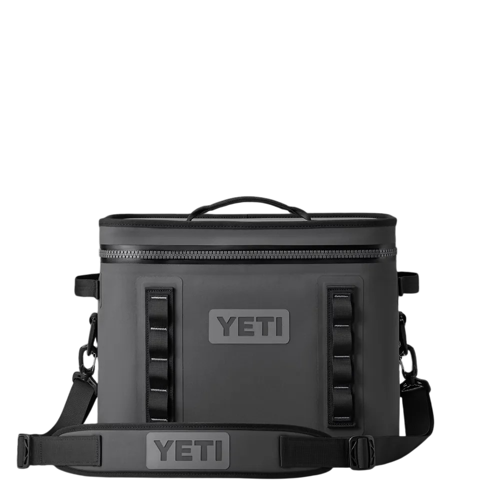 Charcoal YETI Hopper Flip 18 soft cooler with durable waterproof shell, leakproof zipper, insulated portable design, and customizable branded exterior for travel, camping, tailgating, and outdoor adventures