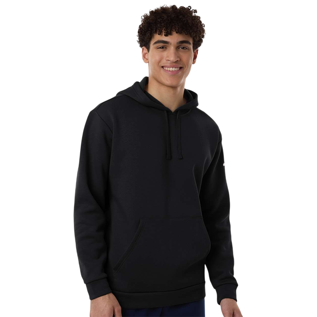 Black adidas Men’s Fleece Hooded Sweatshirt in black with soft cotton and recycled polyester fleece fabric, regular fit, front pouch pocket, adjustable hood, and embroidered adidas logo on the left sleeve for casual wear, team apparel, and branded promotions.